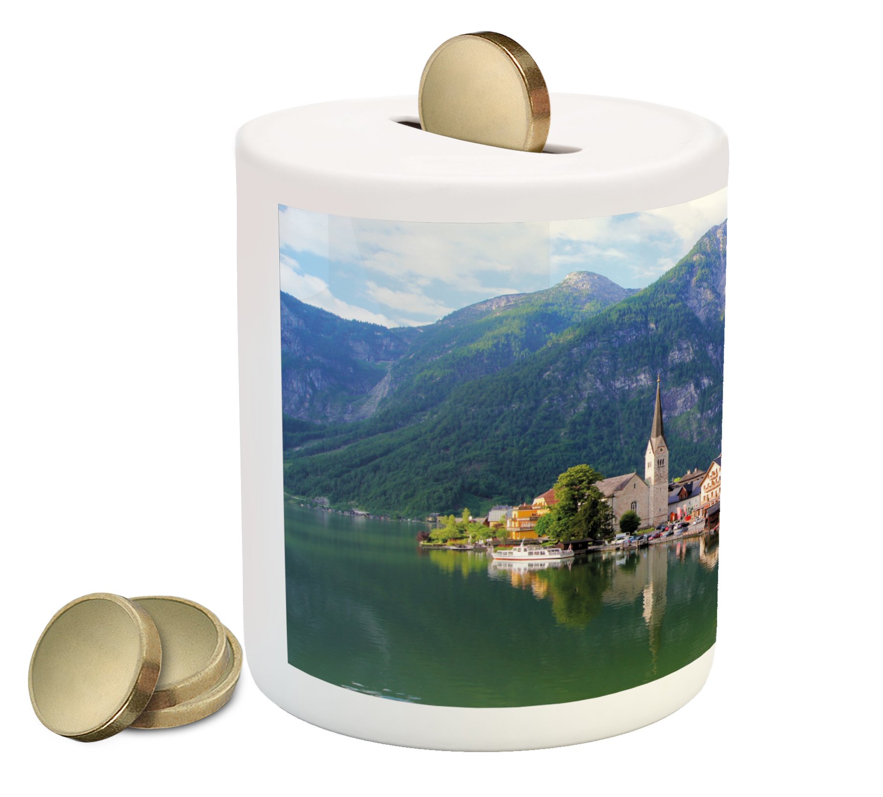 Ambesonne Ceramic Piggy Bank - Idyllic Alps Village & Mountain Lake European Scenery Money Box for Cash Savings | Home Decor, Gift Idea for Kids & Collectors