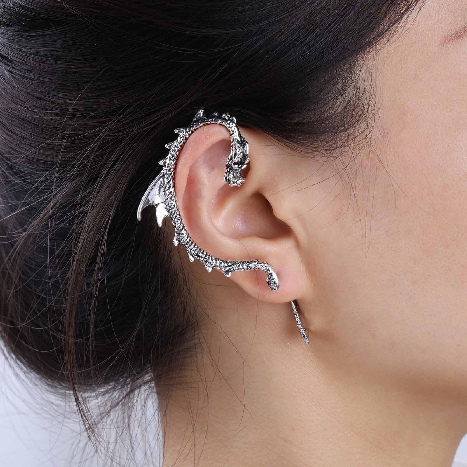 Vintage Dragon Ear Cuff Wrap Earrings - Silver Dragon Climber & Cartilage Ear Clip Jewelry for Women & Girls | Gothic Fantasy Costume, Cosplay, Festival & Everyday Wear