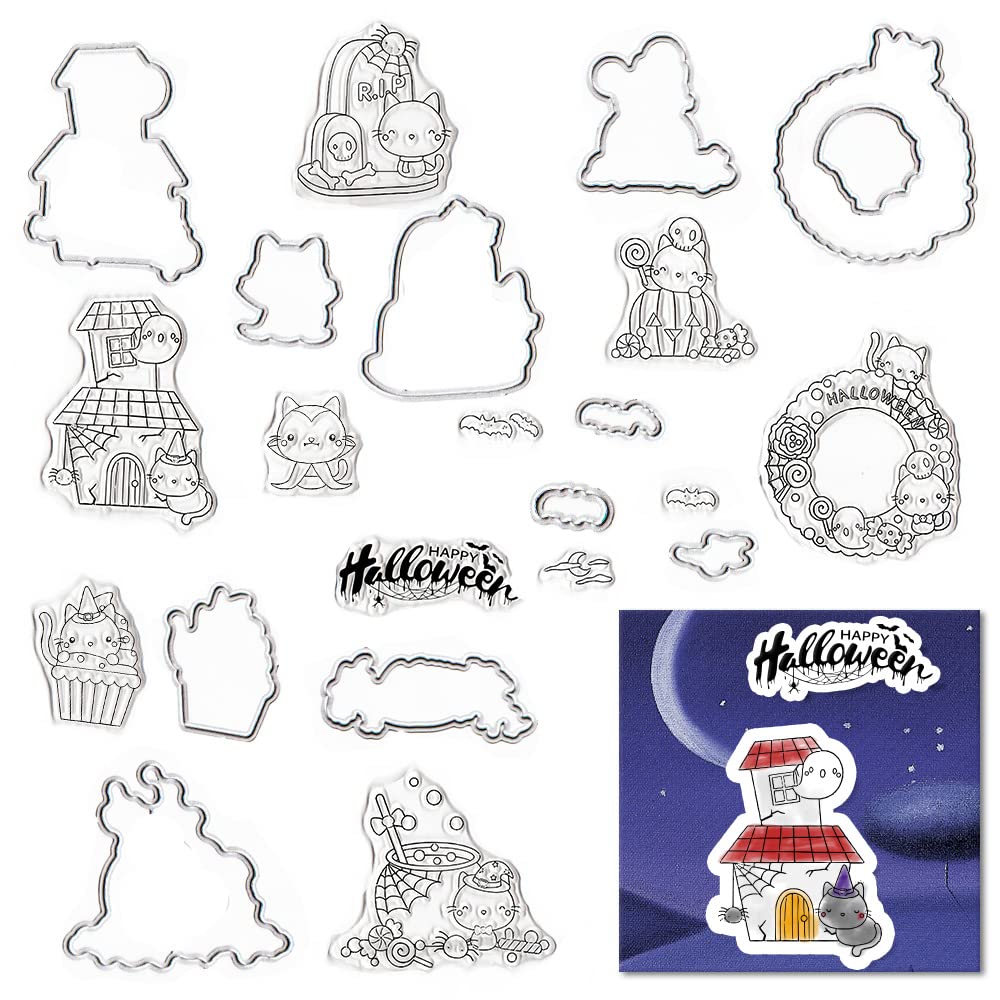 Halloween Cat Clear Stamps and Cutting Dies Set - Cute Feline Stamps & Dies for DIY Holiday Cards, Scrapbooking, Paper Crafts - Perfect for Halloween Greeting Cards, Album Decorations and Handmade Gifts