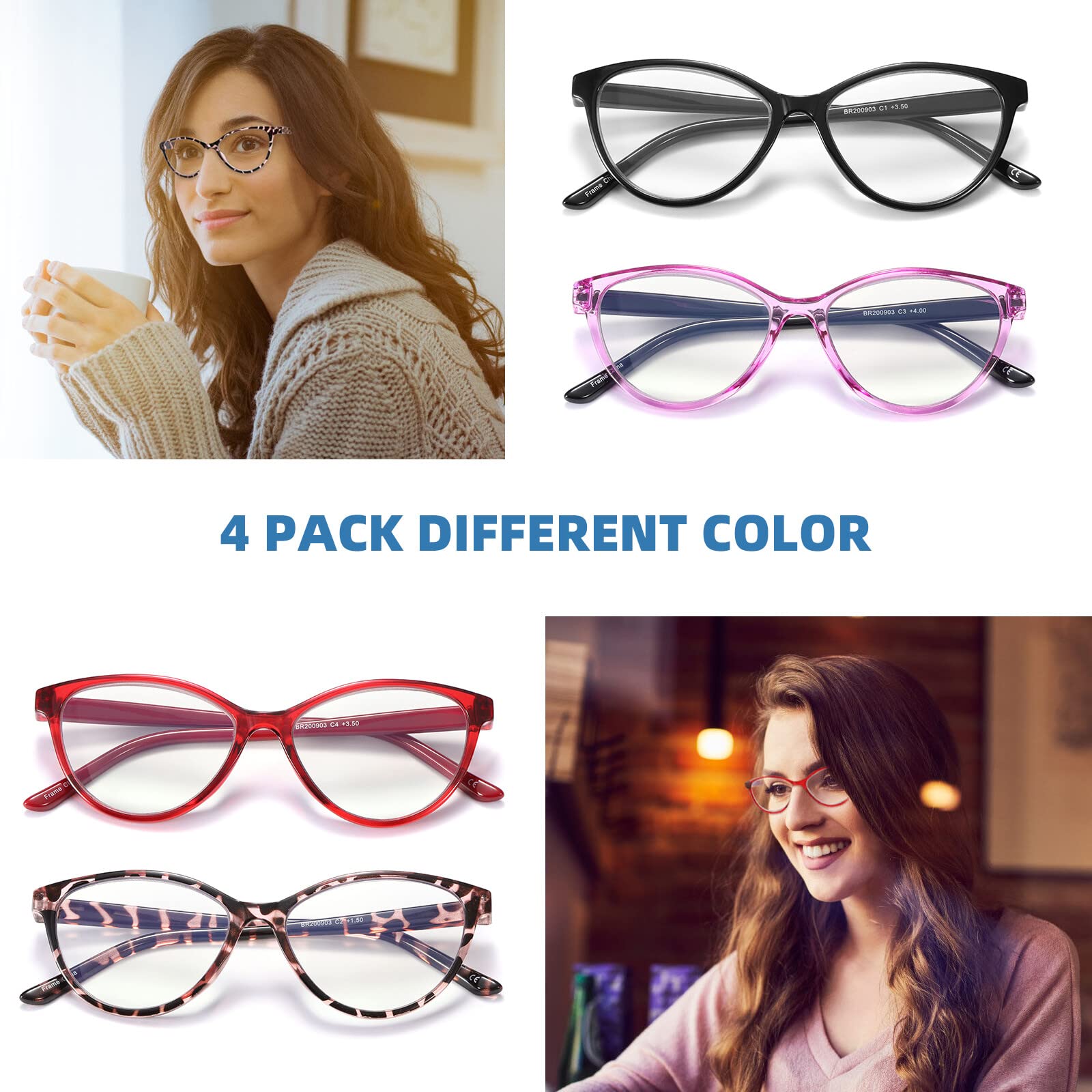 4 Pack Blue Light Blocking Reading Glasses for Women - Stylish Cat Eye Frame Computer Readers with Anti Glare & UV Protection (1.75 Strength) - Perfect for Office Work, Screen Time & Night Reading