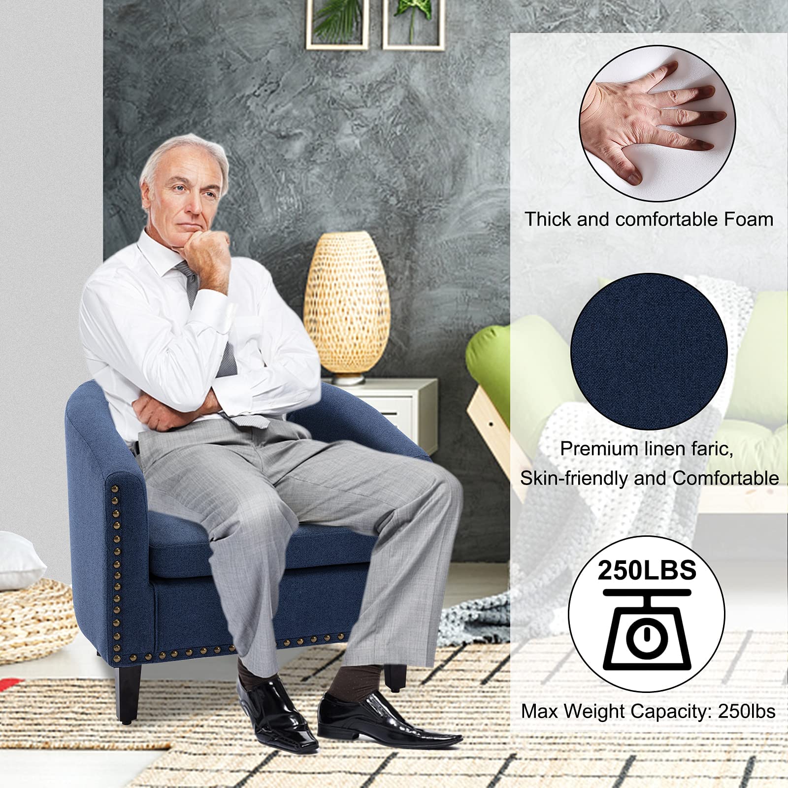 Modern Mid-Century Accent Barrel Chair with Nailhead Trim & Solid Wood Legs - Navy Linen Fabric Armchair for Living Room, Bedroom, Office - Comfortable Lounge Chair for Relaxing, Reading & Entertaining