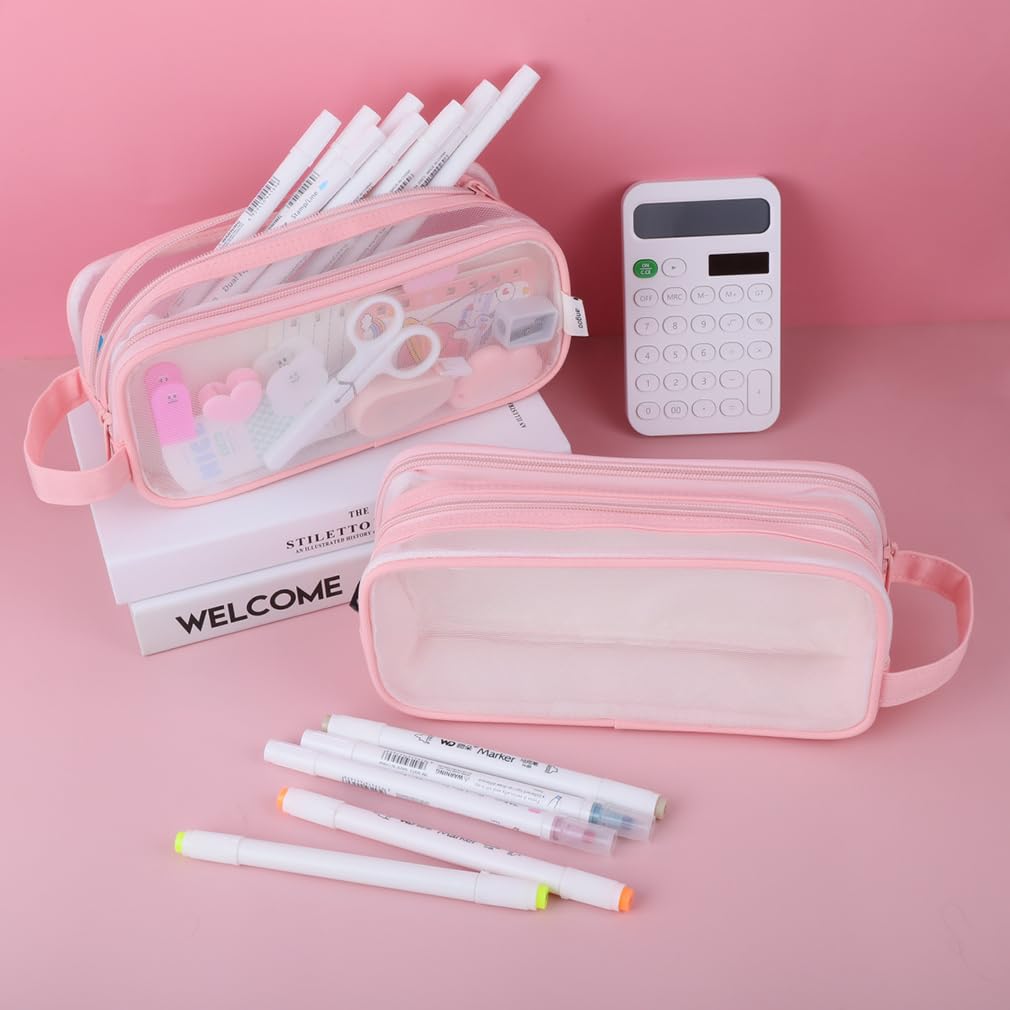 iSuperb Clear Pencil Case - Transparent Handheld Pen Organizer & Makeup Pouch for School, Office, Travel - Multifunctional Storage Bag for Adults (Pink) - Perfect for Business Trips, College Supplies & Cosmetic Organization