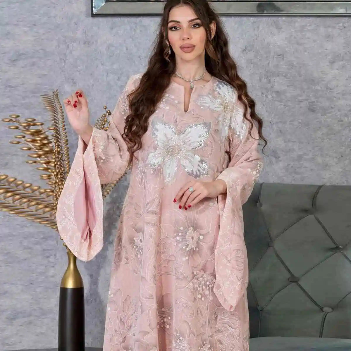 Elegant Embroidered Sequins Eid Caftan Dress for Women - Perfect for Eid Celebrations, Weddings & Special Occasions