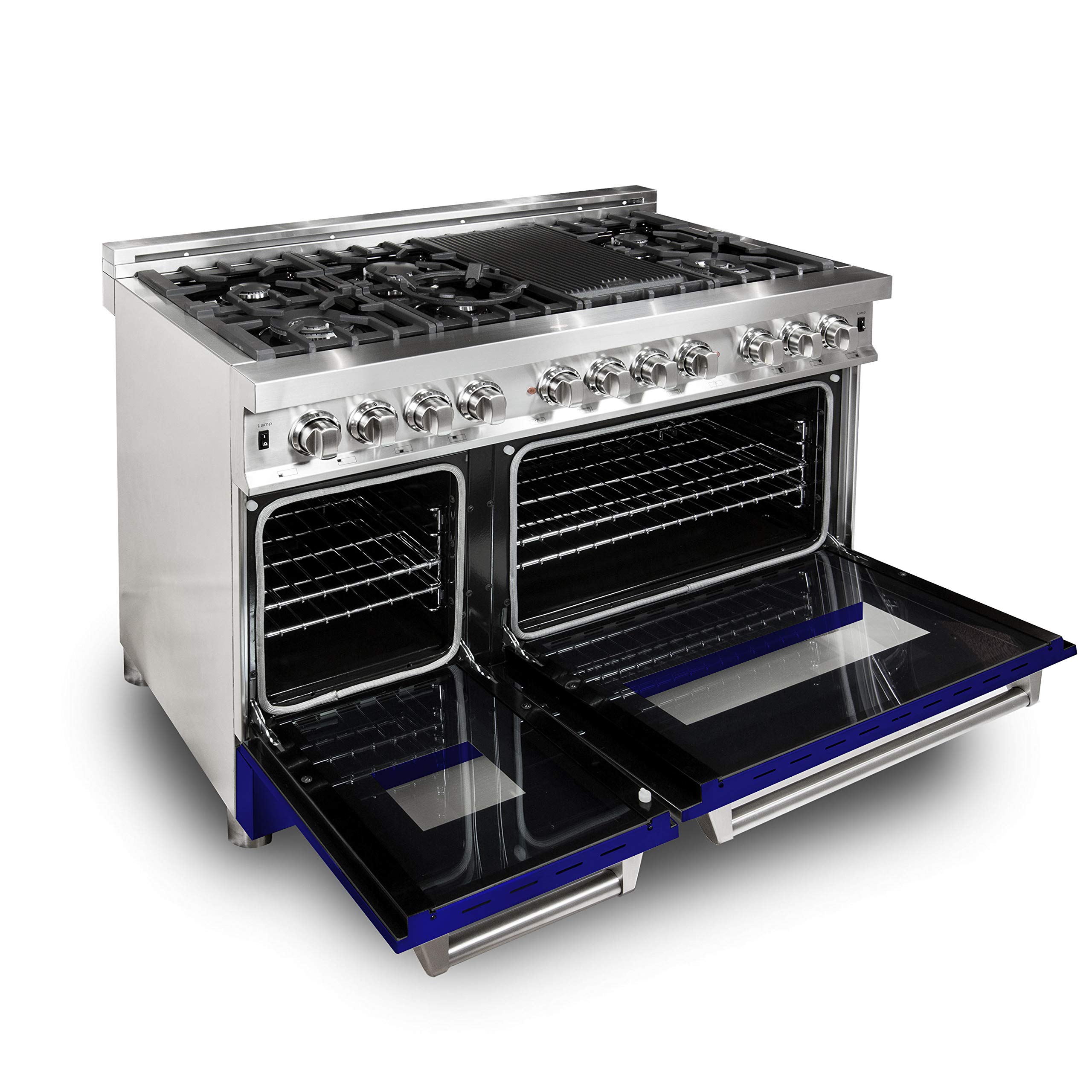 ZLINE 48-Inch 6.0 cu.ft Dual Fuel Range with 7-Burner Gas Cooktop & 2 Electric Ovens - Stainless Steel & Blue Matte Doors (RA-BM-48) | Professional Kitchen Appliance for Home Chefs & Cooking Enthusiasts
