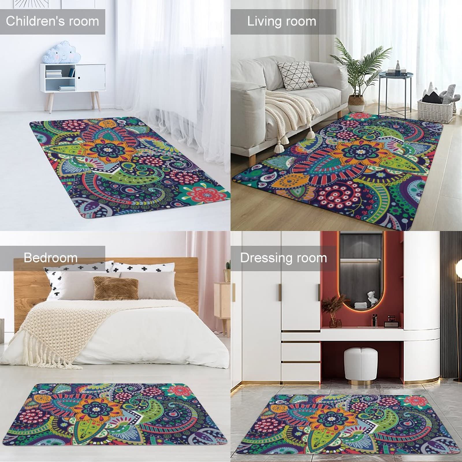 Boho Paisley Floral Aztec Kids Rug - Non-Slip Foldable Area Carpet 5x6.5ft for Girls Teen Room Decor - Perfect for Bedroom, Living Room, Nursery, Playroom, Dorm & Dining Room Floor Mat