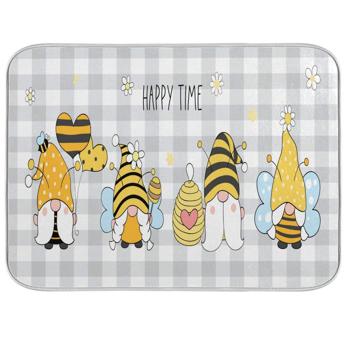 Bees Gnome Microfiber Dish Drying Mat 16x18 - Fast Absorbent Kitchen Counter Mat for Dishes (Grey Buffalo Plaid) - Perfect for Countertop Protection
