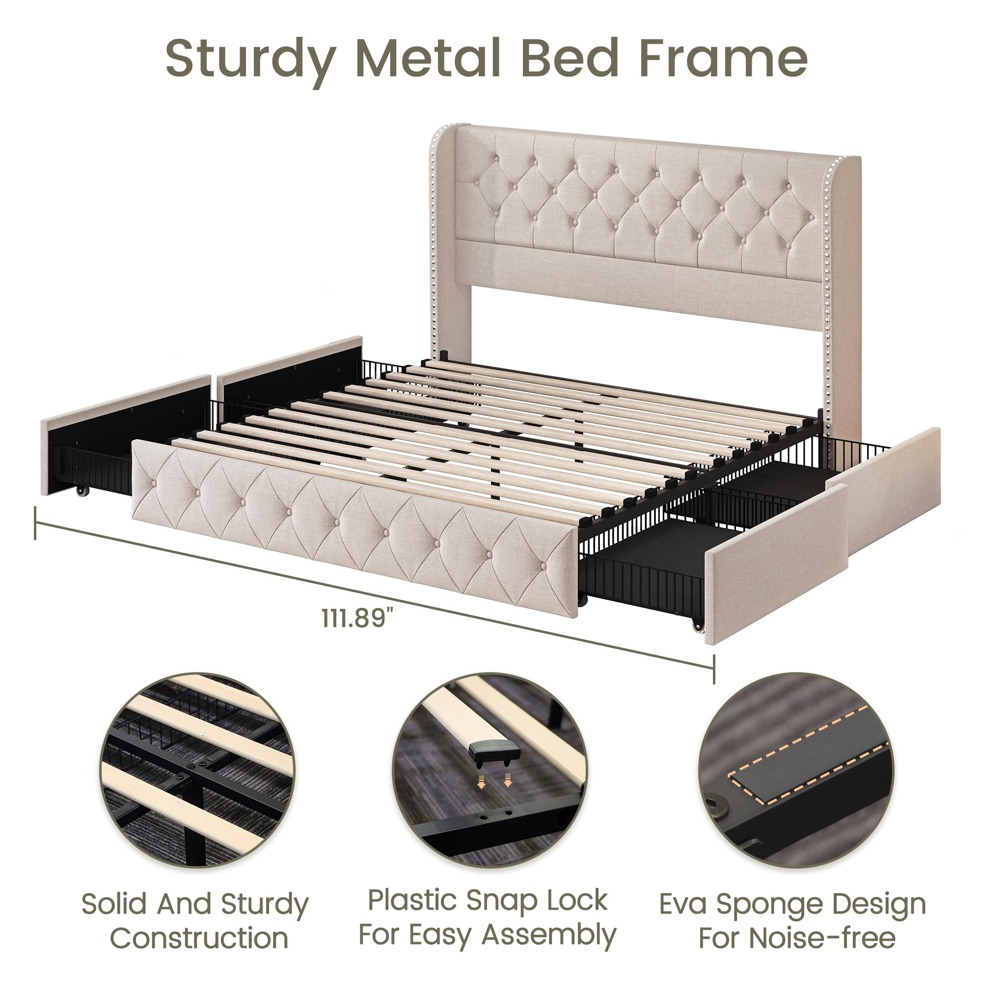 King Size Bed Frame with 4 Storage Drawers & Tufted Headboard - Linen Upholstered Platform Bed with Wooden Slats Support - Easy Assembly Wingback Bed in Beige - Perfect for Master Bedroom, Guest Room & Small Space Storage Solutions