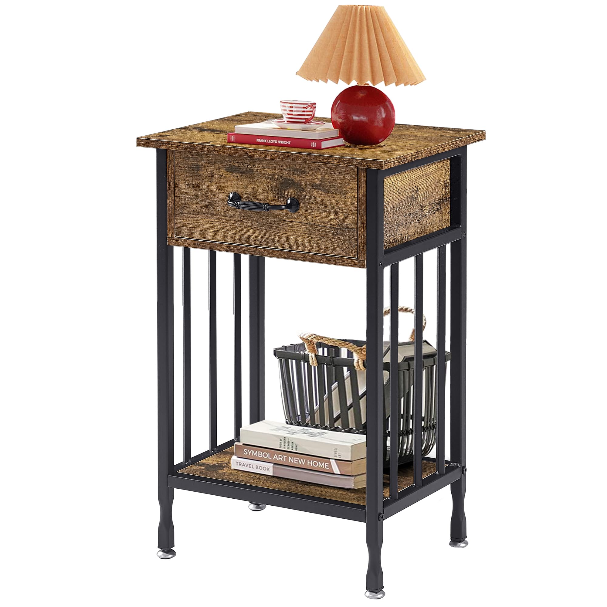 VECELO 3-Tier Nightstand with Drawer & Storage Shelf - Wooden Bedside Table with Metal Frame for Bedroom & Living Room - Perfect for Organizing Books, Lamps, and Bedroom Essentials