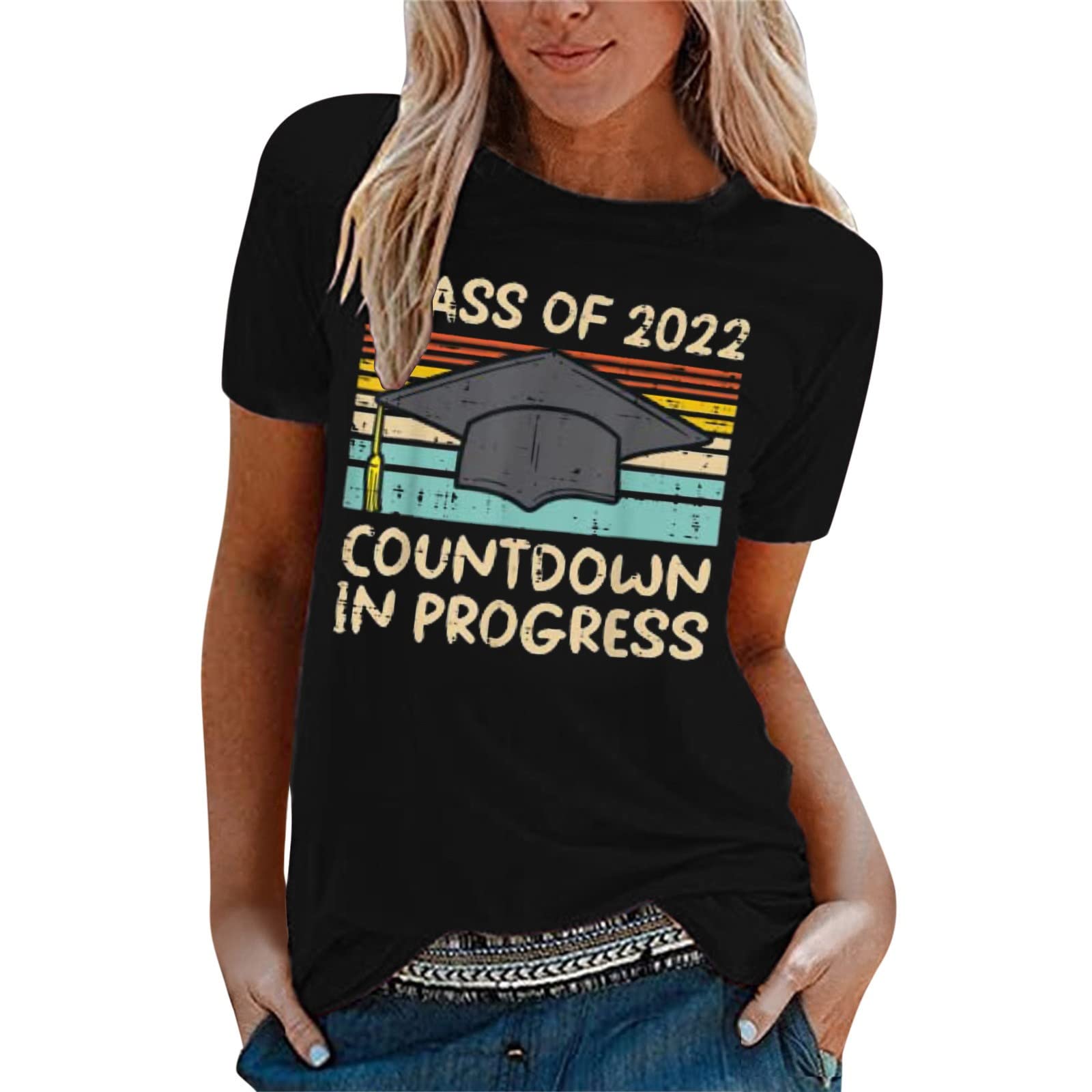 Women's Graduation Printed Cotton Short Sleeve T-Shirt - Comfortable Round Neck Casual Top for College Celebration, Party & Campus Wear