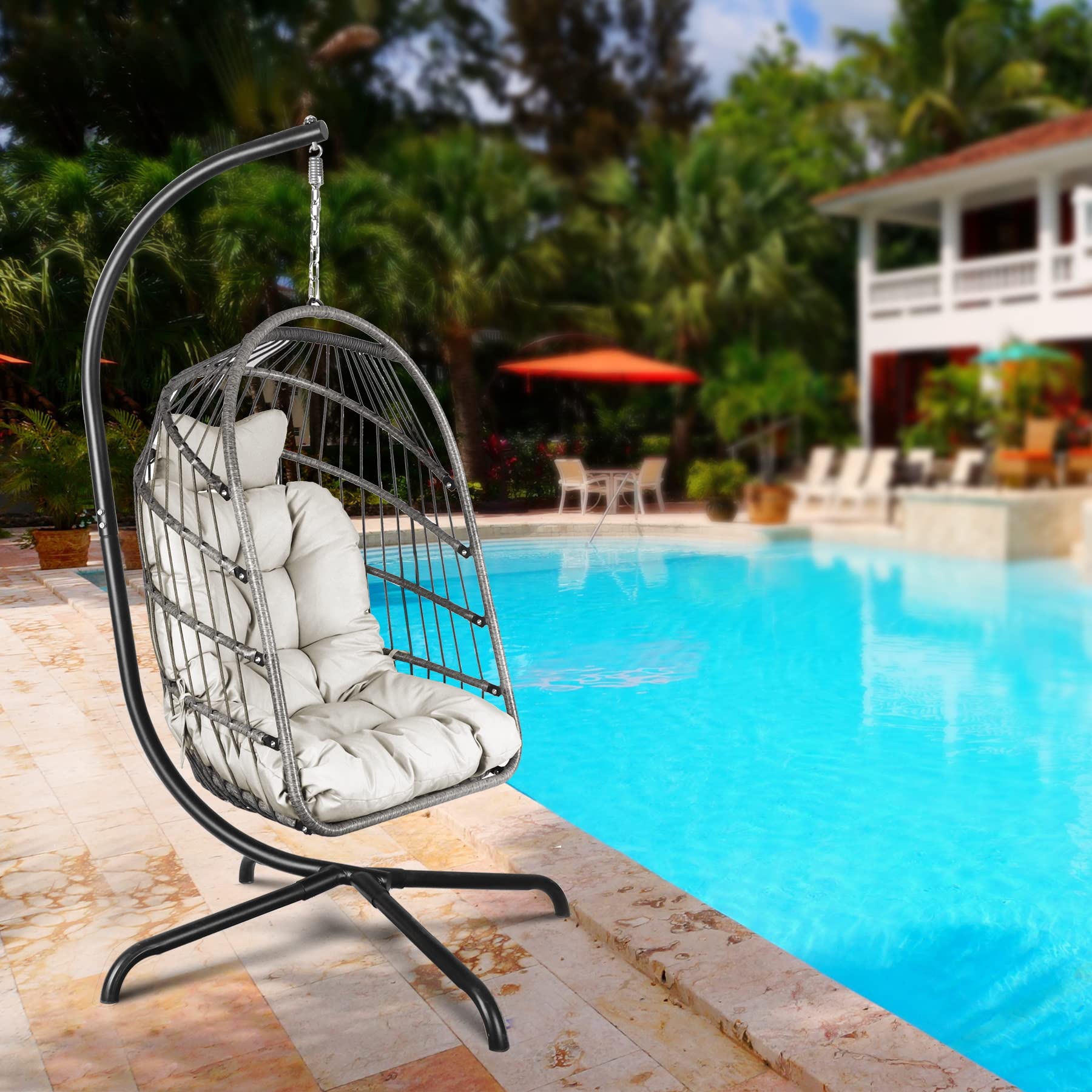 Chihee Foldable Wicker Rattan Swing Egg Chair with Stand & Cushion - 330 lbs Capacity Indoor/Outdoor Hanging Chair for Patio, Balcony, Porch, Bedroom & Garden - Perfect for Relaxing, Lounging & Reading