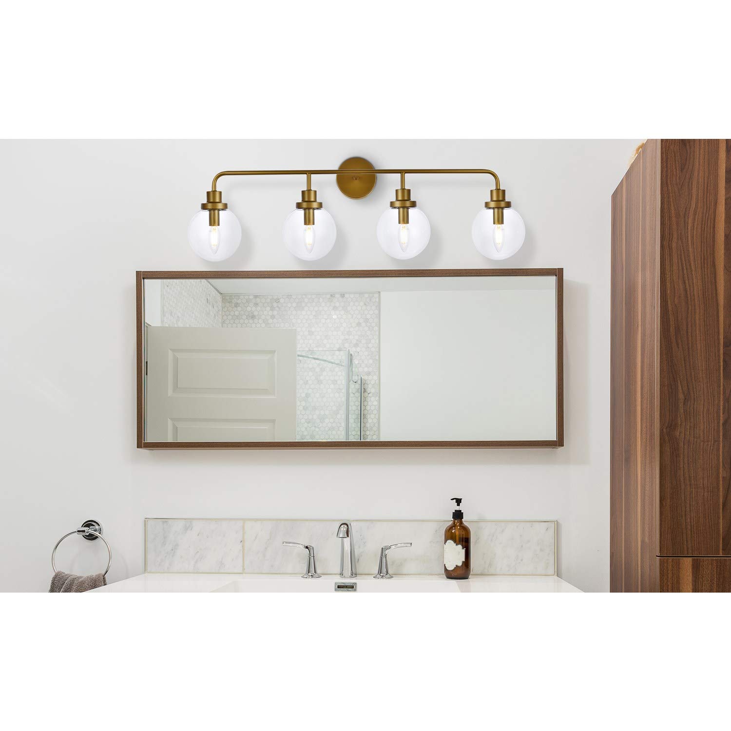Hanson 4-Light Bathroom Wall Sconce in Polished Brass with Clear Glass Shade - Perfect for Vanity Lighting, Powder Room, and Bathroom Decor