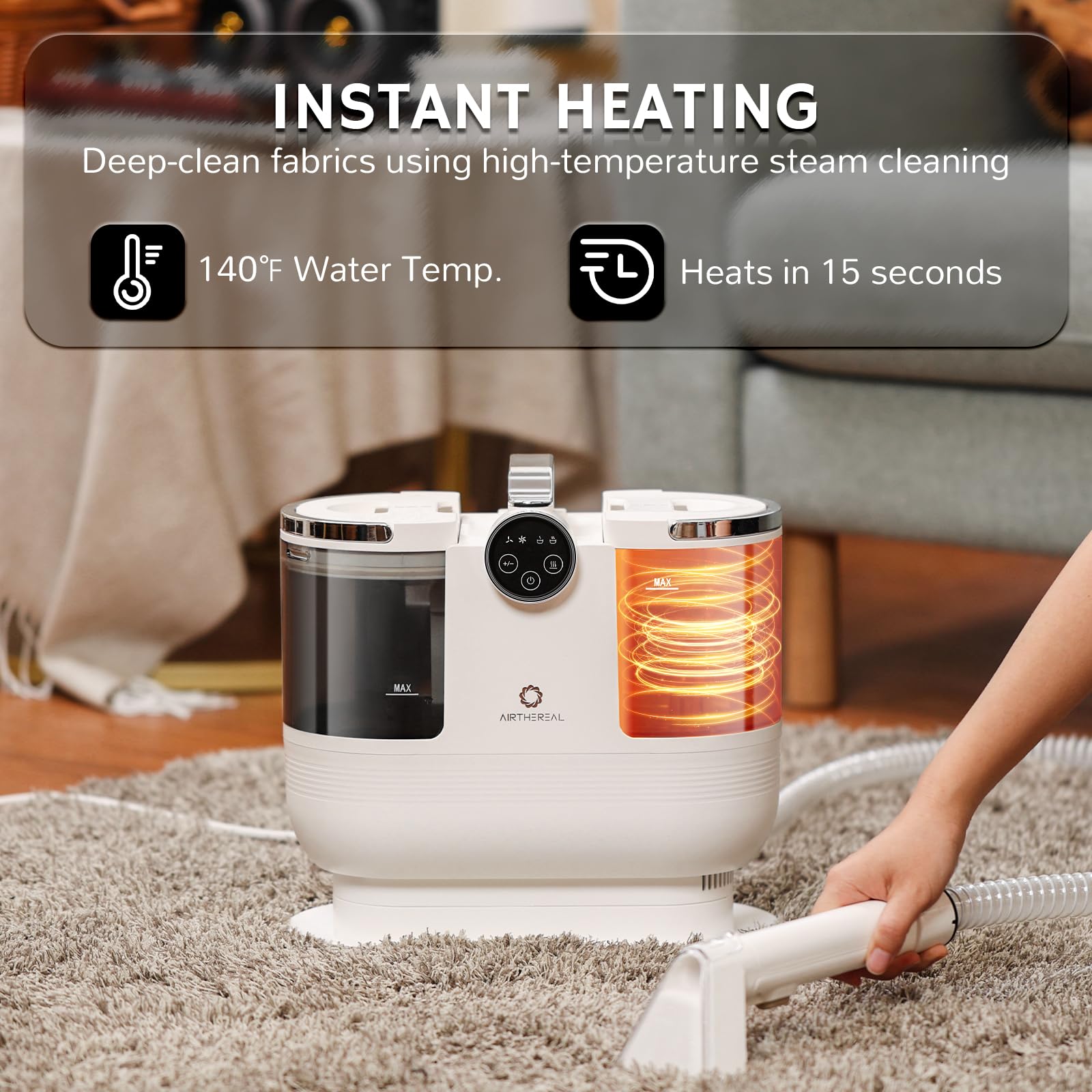 Airthereal Portable Upholstery Spot Cleaner - 14KPa Deep Cleaning Carpet Shampooer with Self-Cleaning & Instant Heating - Pet Hair & Stain Remover for Car Seats, Couches, Stairs - Perfect for Home, Office & Auto Detailing