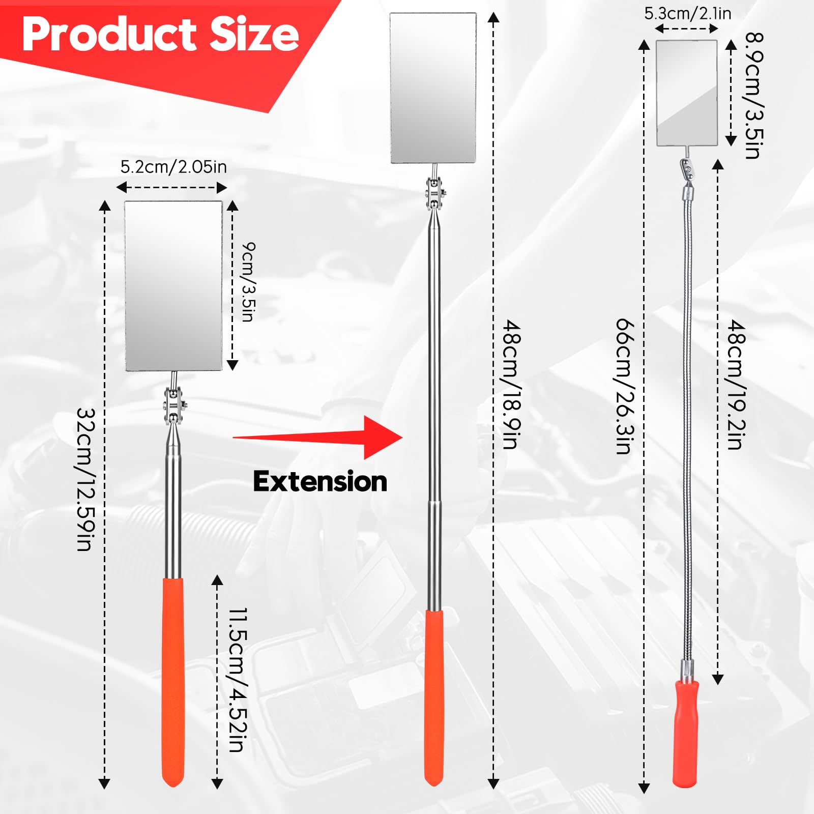 Telescoping Inspection Mirror - Flexible & Extendable Automotive Mirror with Bendable Handle for Vehicle Maintenance, DIY Repairs, and Hard-to-Reach Areas - Perfect Gift for Car Enthusiasts and Mechanics