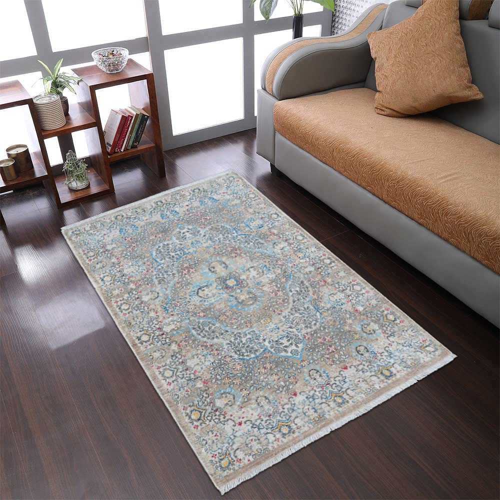Machine Made Polyester Area Rugs 4'x5'11'' - Classic Oriental Traditional Design Low Pile Rectangle Rug in Beige & Black (M00093) | Perfect for Living Room, Bedroom & Office Decor