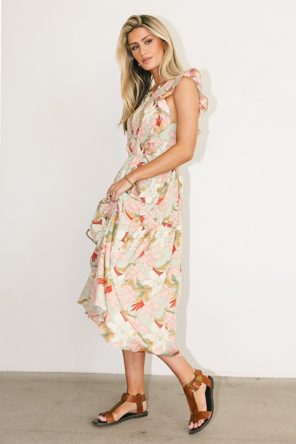 Kelsey Smocked Midi Dress for Women - Floral Print Summer Dress with Puff Sleeves & Elastic Waist | Perfect for Beach Vacation, Date Night & Brunch Outfits