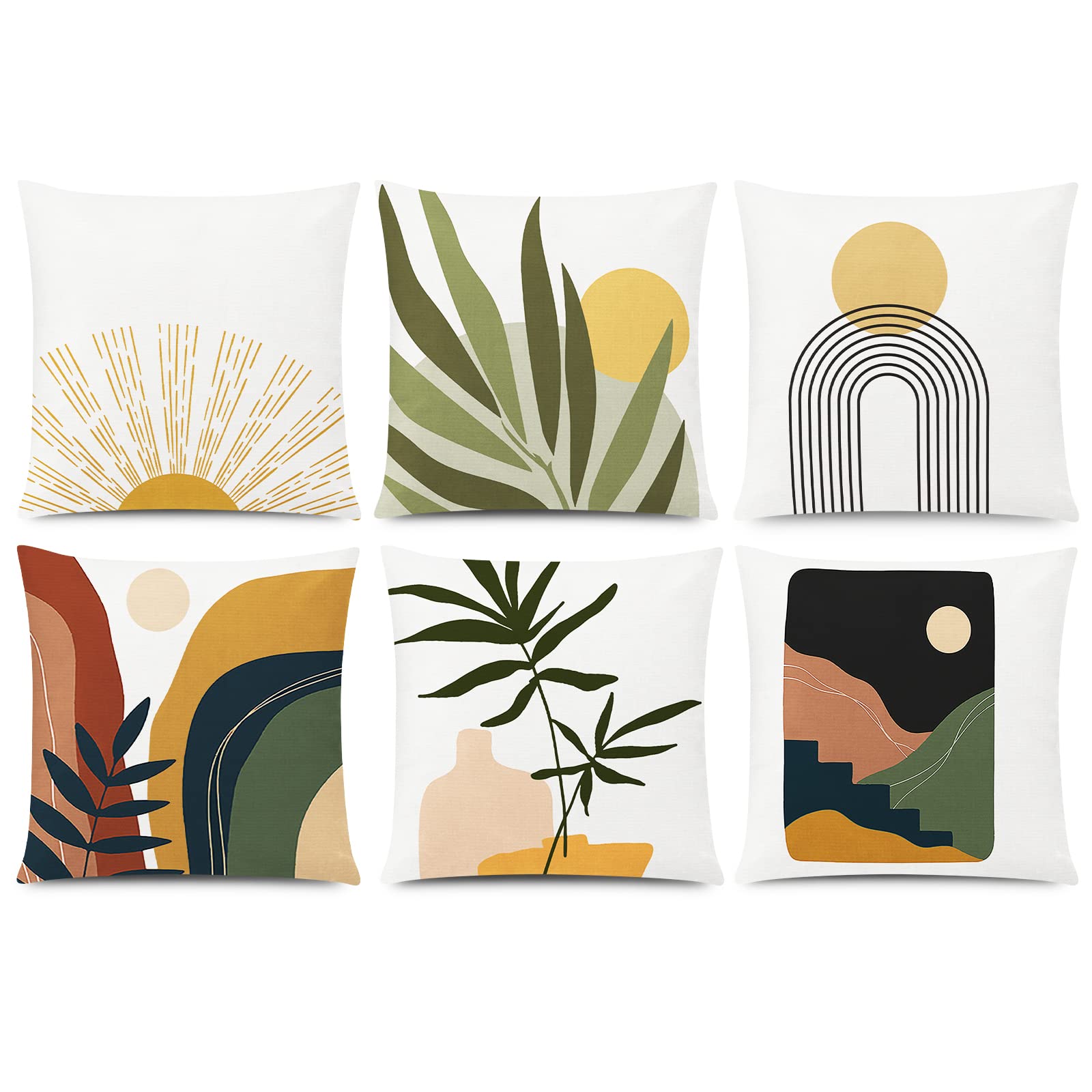 Abstract Boho Pillow Covers 18x18 Set of 6 - Rustic Sunset Leaves Throw Pillow Covers for Couch, Sofa & Home Decor - Modern Minimalist Decorative Pillow Cases for Living Room, Bedroom & Nursery - Perfect for Boho, Farmhouse & Scandinavian Style Interiors
