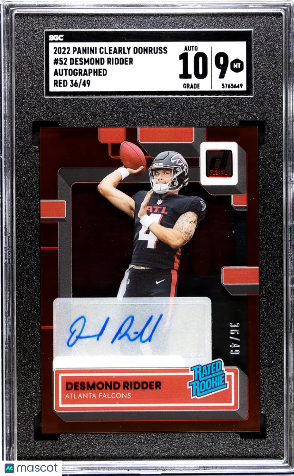 2022 Panini Clearly Donruss Desmond Ridder Rated Rookie Red Auto SGC 9/49 - Collectible Football Card for Fans & Investors - Perfect for Sports Memorabilia Collections, Man Cave Decor, and Gift for NFL Enthusiasts