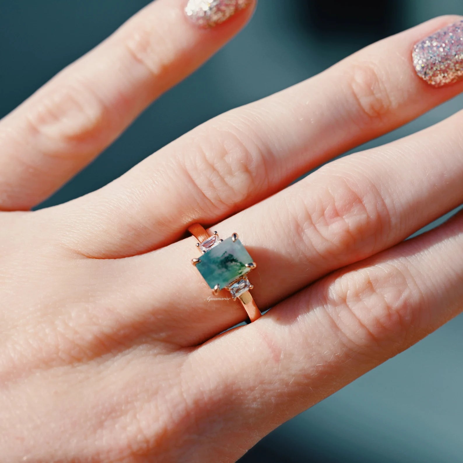 Natural Green Moss Agate Ring 14K Rose Gold Vermeil - Elegant Healing Crystal Jewelry for Women, Perfect for Meditation, Spiritual Gifts & Everyday Wear