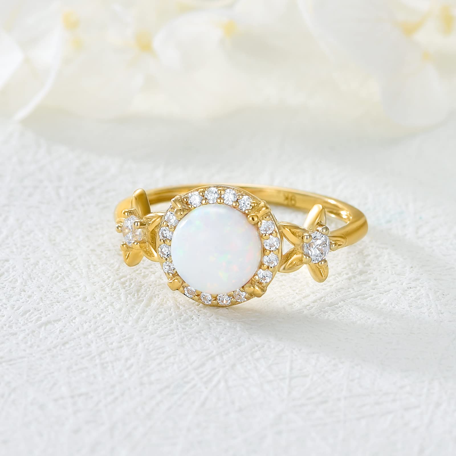 14K Yellow Gold Opal Ring for Women - Solid Gold White Opal Halo Engagement Ring - Wedding, Anniversary, Birthday Gift for Wife, Girlfriend - Elegant Jewelry for Everyday Wear & Special Occasions (Sizes 4-11)