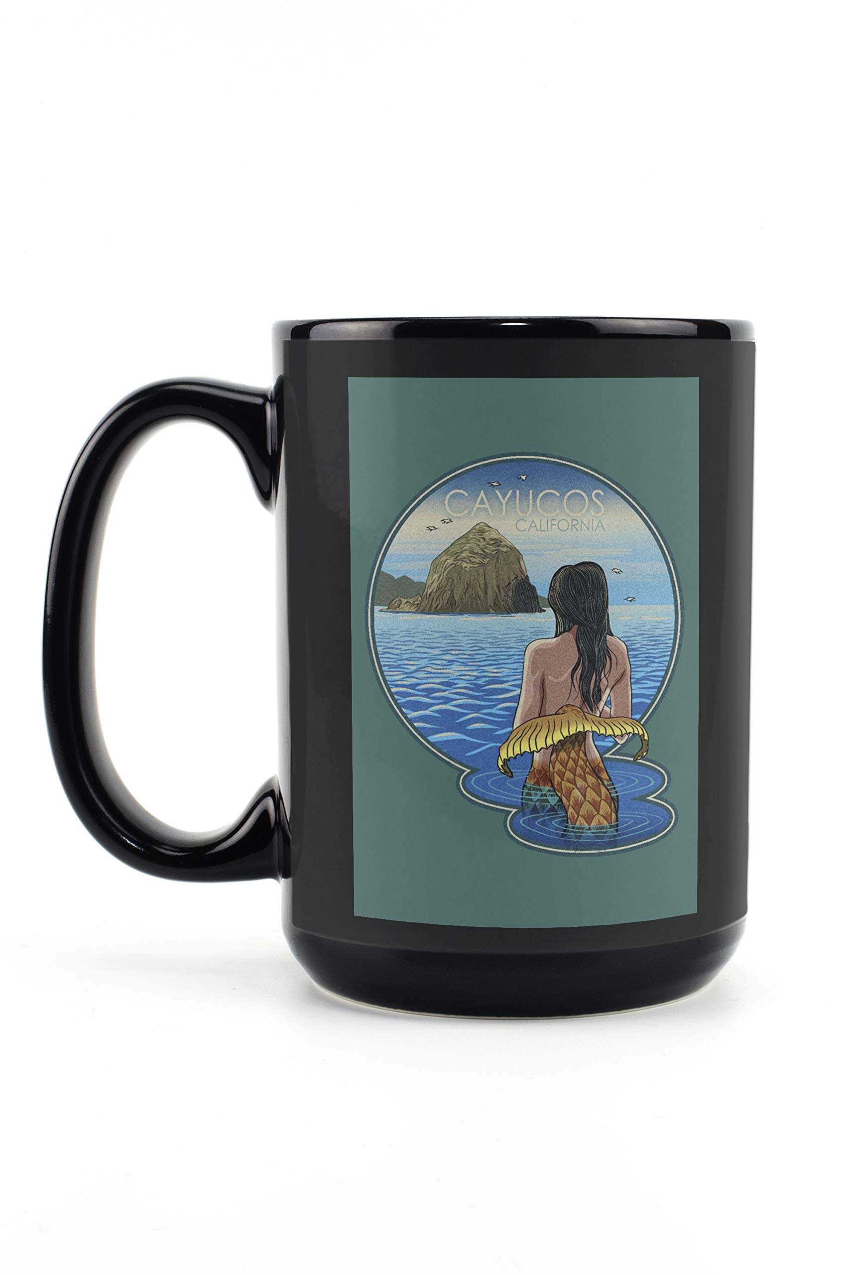 Lantern Press Cayucos California Mermaid Woodblock Contour 15oz Black Ceramic Coffee Mug - Dishwasher & Microwave Safe - Perfect for Home, Office & Gift Giving