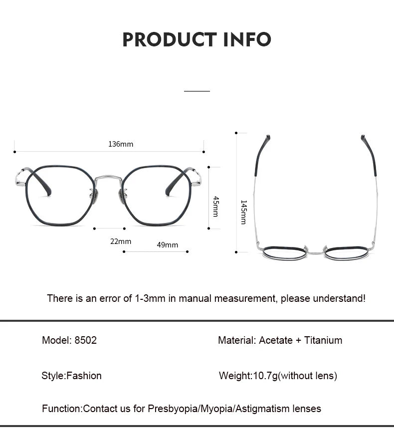 Aimee Men's Full Rim Polygon Round Titanium Acetate Eyeglasses 8502 - Lightweight & Durable Frame for Work, Reading & Everyday Use