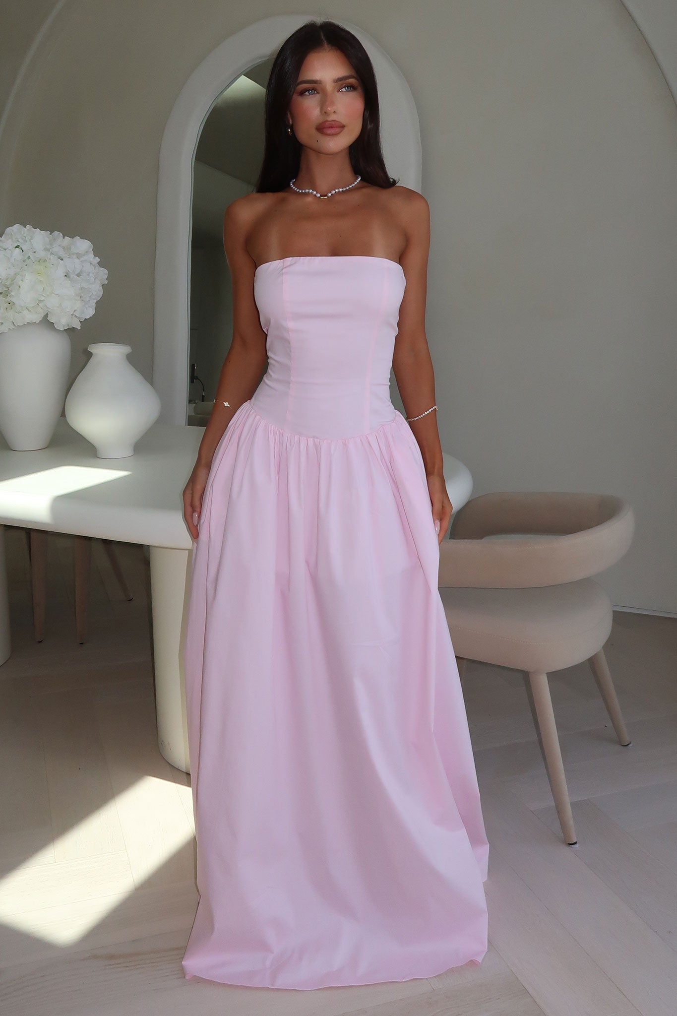 Iridessa Strapless Maxi Dress for Women - Flowy Baby Pink Summer Wedding Guest Dress | Beach Party, Vacation, Formal Occasions