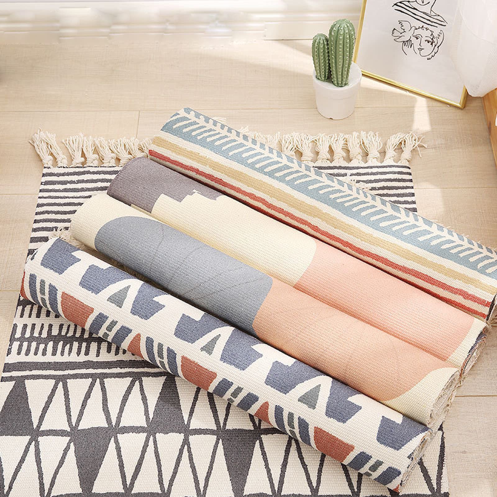 Bohemian Cotton Area Rug - Hand Woven Reversible Floor Mat with Tassels, 24x35 Inch, for Bathroom Bedroom Living Room Laundry Room | Soft Indoor Decor Rug for Boho Home & Apartment