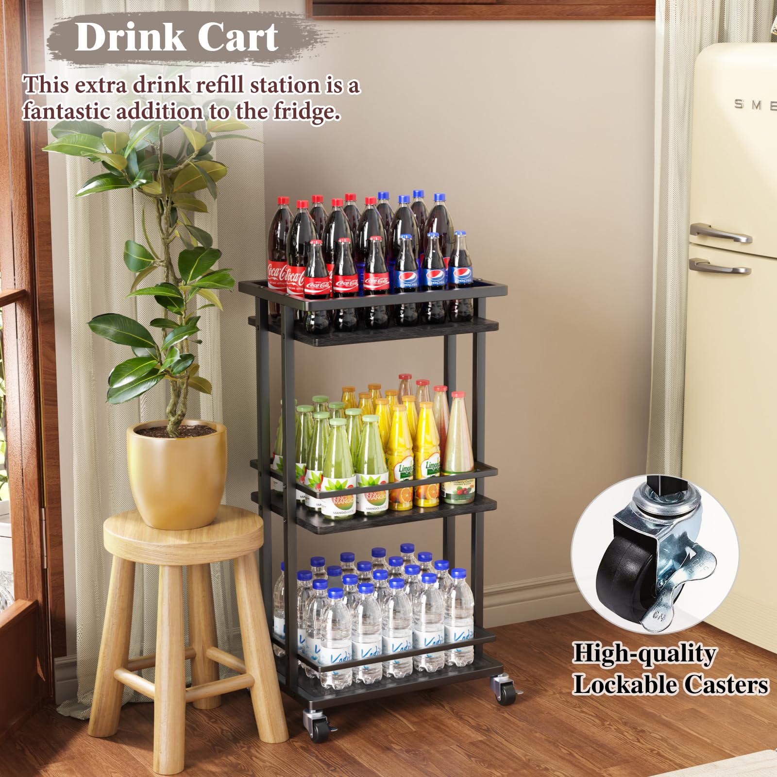 3 Tier Rolling Bar Cart - Portable Mini Liquor Cabinet for Wine, Beverages & Dinner Parties | Kitchen Storage Island & Serving Cart with Wheels | Coffee Bar Station for Living Room, Dining & Kitchen | Black | Perfect for Home Entertaining & Small Space Storage