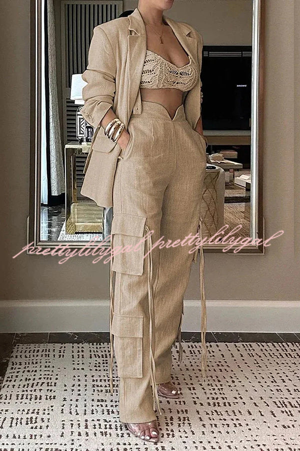 Stylish Women's Lapel Long Sleeve Loose Jacket & Casual Pocket Lace-Up Straight Leg Pants Set - Office Wear & Spring Outfit