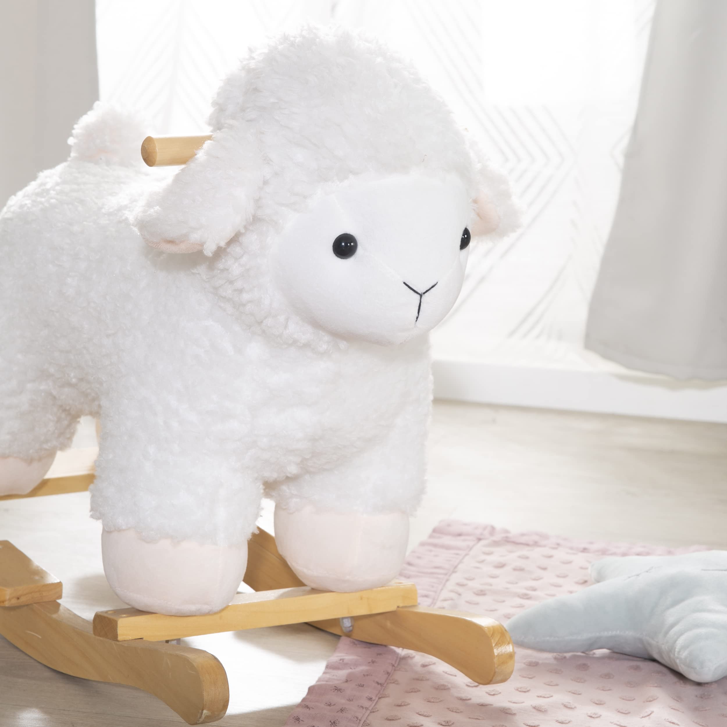 Wooden Rocking Lamb Plush Toy with Soft Fur & Handles - Balance Training for Boys & Girls Ages 18 Months to 6 Years - 30kg Weight Limit - White - Perfect for Nursery, Playroom & Early Childhood Development