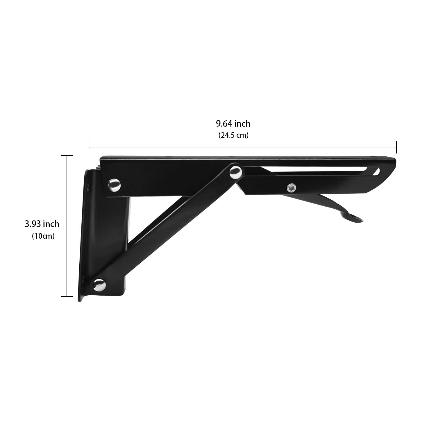 Heavy Duty Black Metal Folding Shelf Brackets - 10 Inch Sturdy Triangle Wall Mounted Hinge for Tables, Benches & Shelves (2 Pack) - Perfect for Garage Storage, Kitchen Organizers & DIY Home Projects