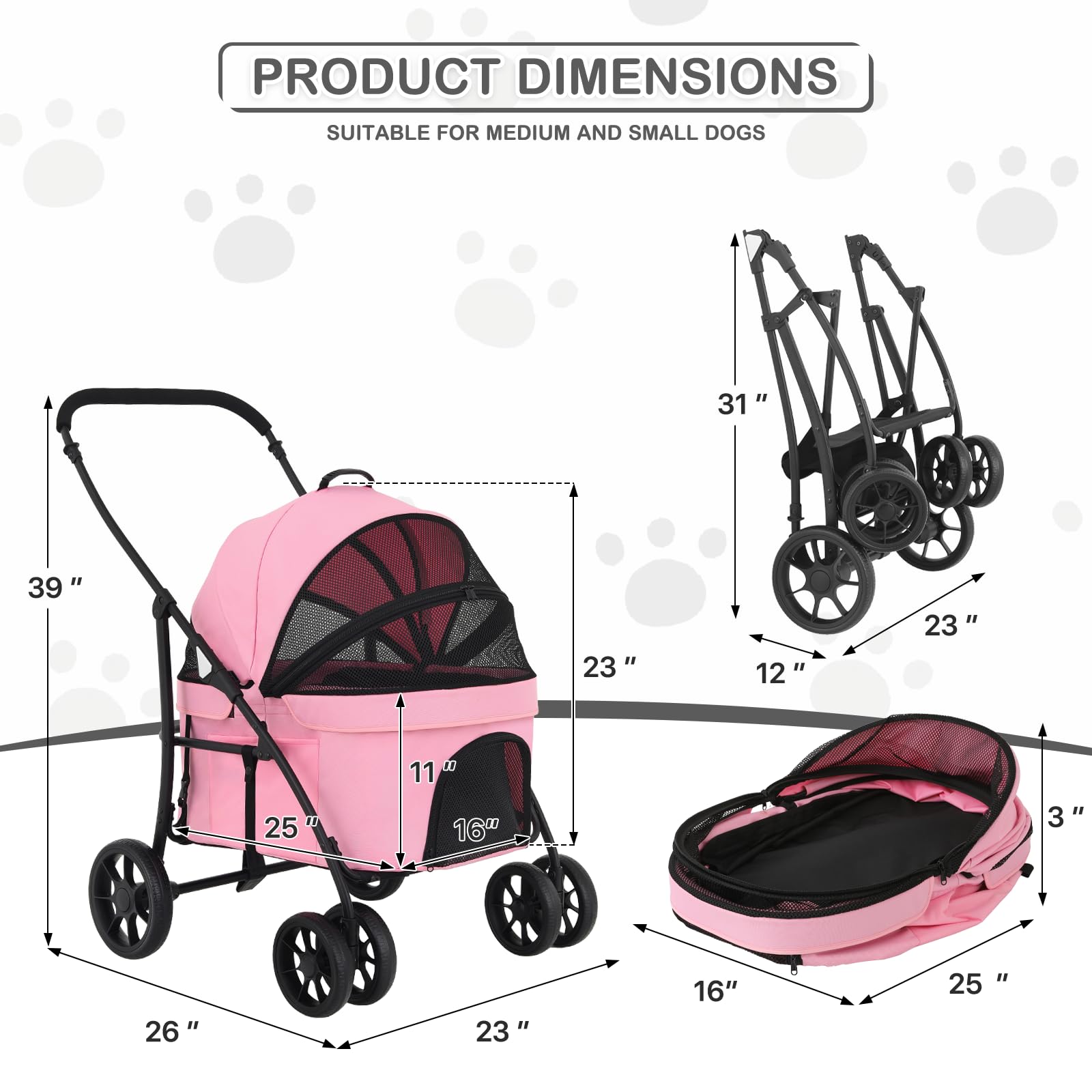 MoNiBloom 4-Wheel Folding Pet Stroller for Large Dogs up to 45lbs - 3 Entry Dog Carrier with Breathable Mesh, Travel & Jogging Stroller for Outdoor Walks, Park Visits & Vet Appointments