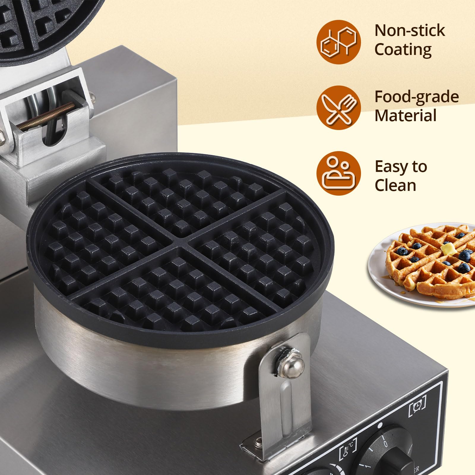 Commercial Waffle Maker 1300W - Round Non-Stick Waffle Iron with Rotatable Plates, 50°C-300°C Adjustable Temperature, Stainless Steel Restaurant Waffle Machine 110V - Perfect for Breakfast Cafes, Hotels, and Brunch Restaurants