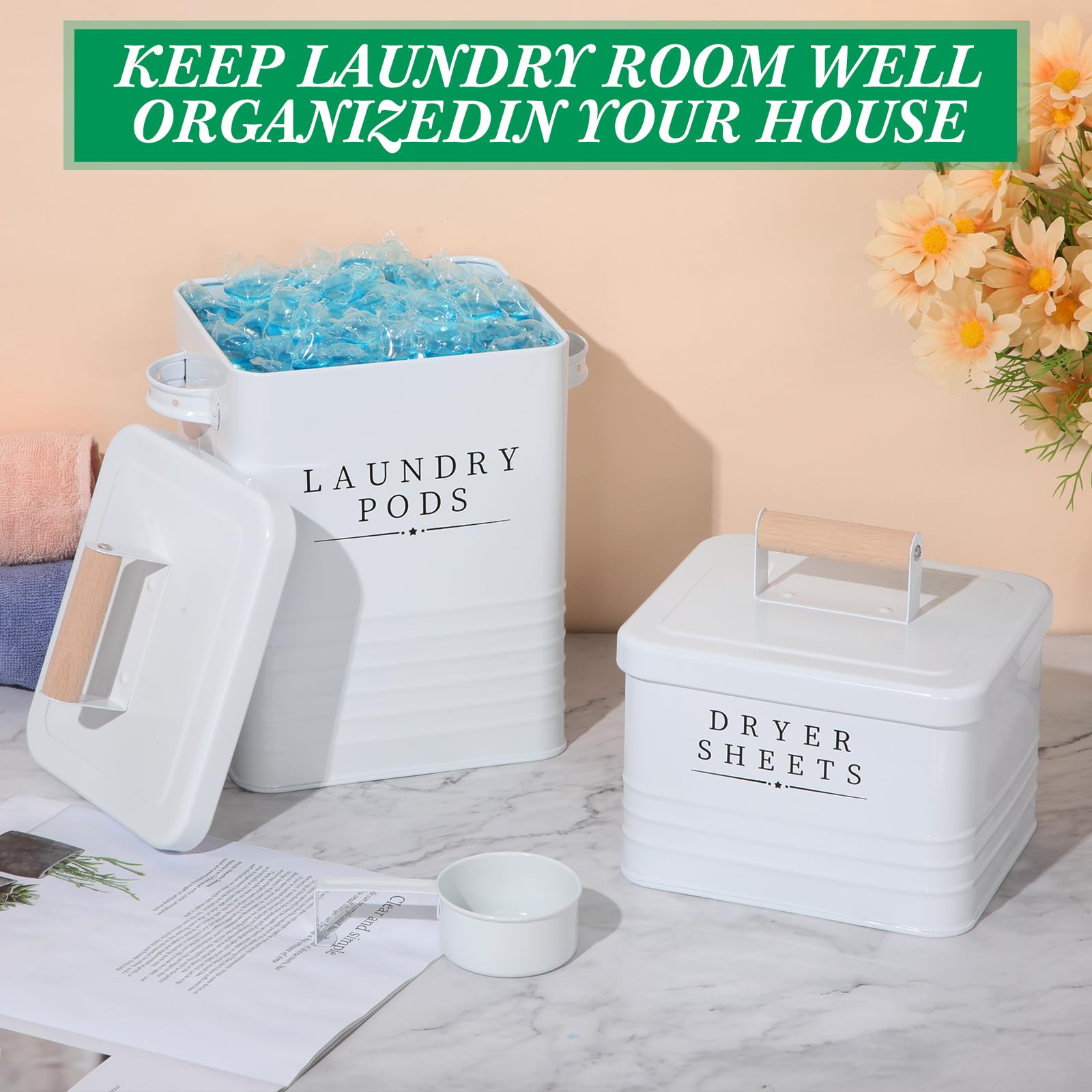 2-Pack White Metal Laundry Pod Container with Dryer Sheet Holder - Farmhouse Style Laundry Room Organizer, Detergent Storage Box with Lid & Handle - Perfect for Laundry Room Decor & Clothes Drying Organization