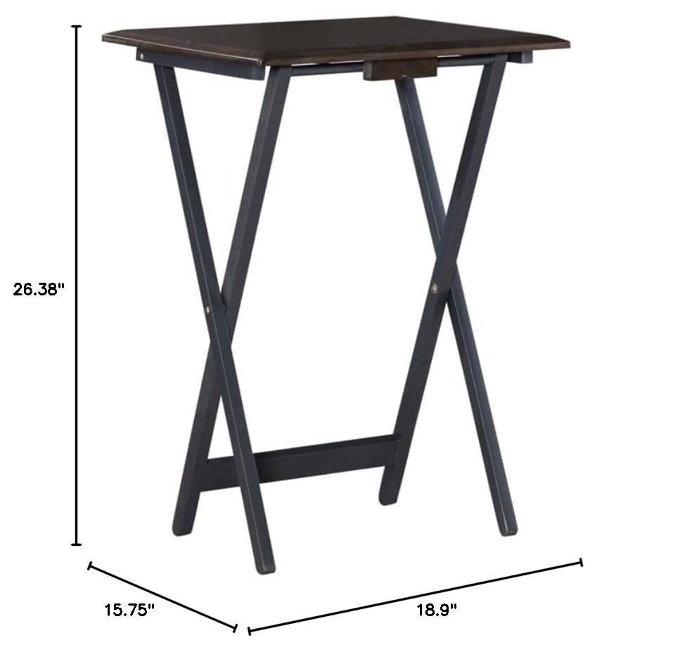 Linon Morris Folding Wood 5-Piece Tray Table Set with Stand - Brown Wooden Nesting Tables for Living Room, Bedroom & Outdoor Use
