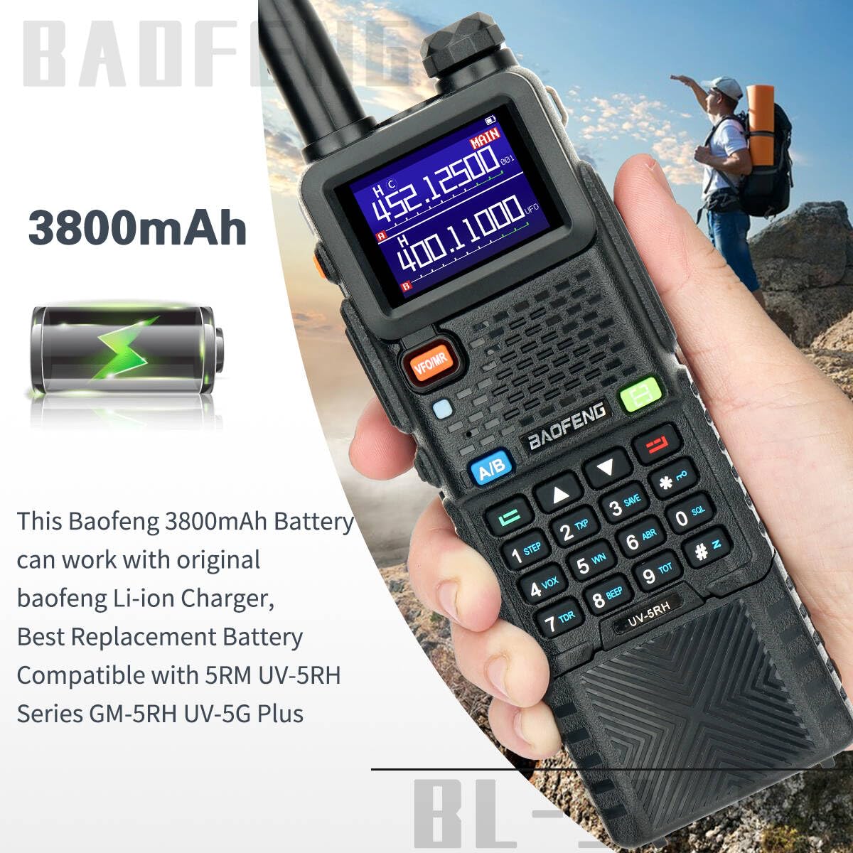 Baofeng 5RM 3800mAh Extended Battery with Type-C USB Charging Cable - Compatible with BaoFeng 5RM, GM-5RH, UV-5G Plus, UV-5RH Series Two-Way Radios - 2 Pack - Perfect for Outdoor Adventures, Emergency Communication, and Professional Use