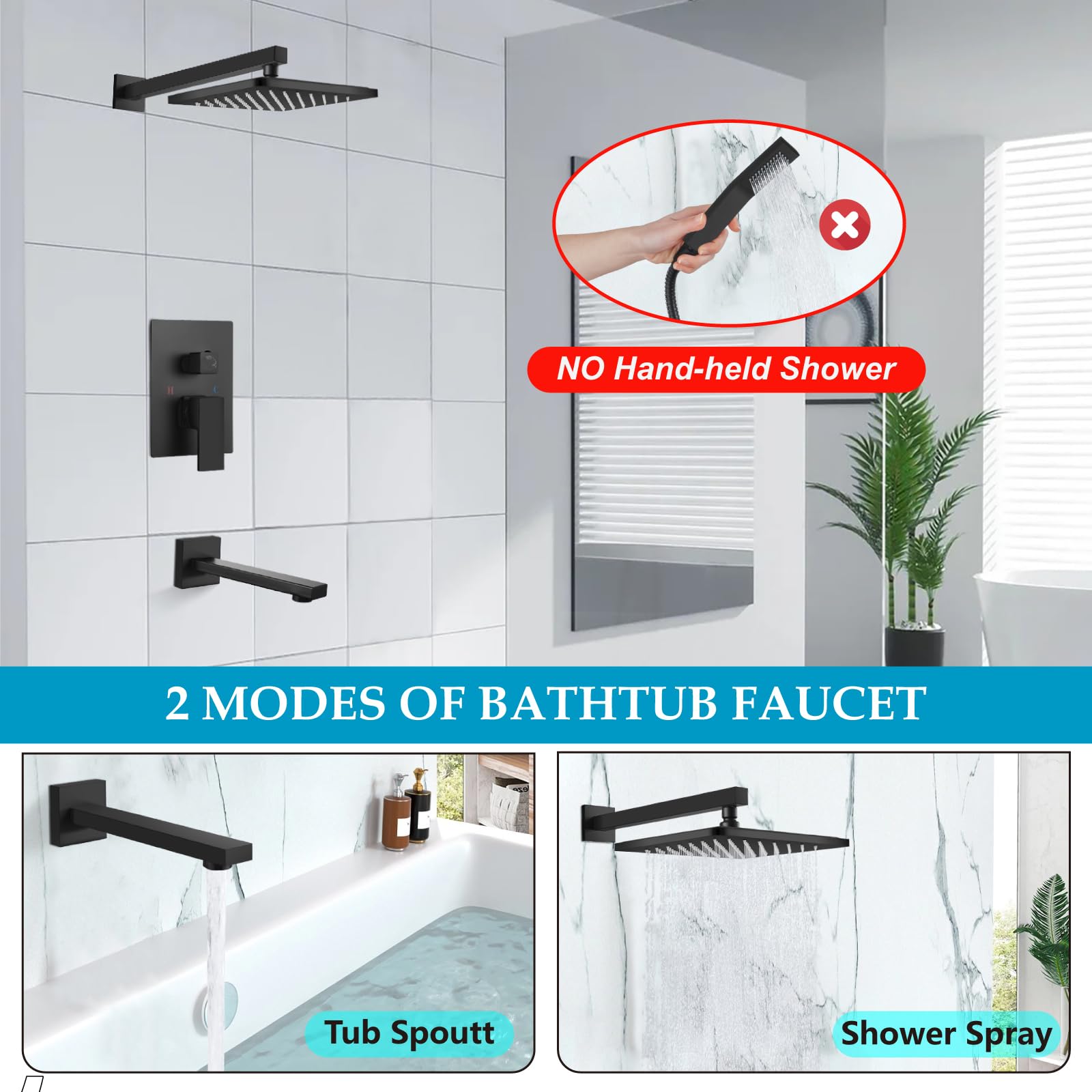Premium Matte Black Tub and Shower Faucet Set - 8 Inch Wall Mounted Rain Shower System with High Pressure Shower Head, Tub Spout & Rough-in Mixer Valve - Perfect for Modern Bathroom Renovation and Spa-Like Shower Experience