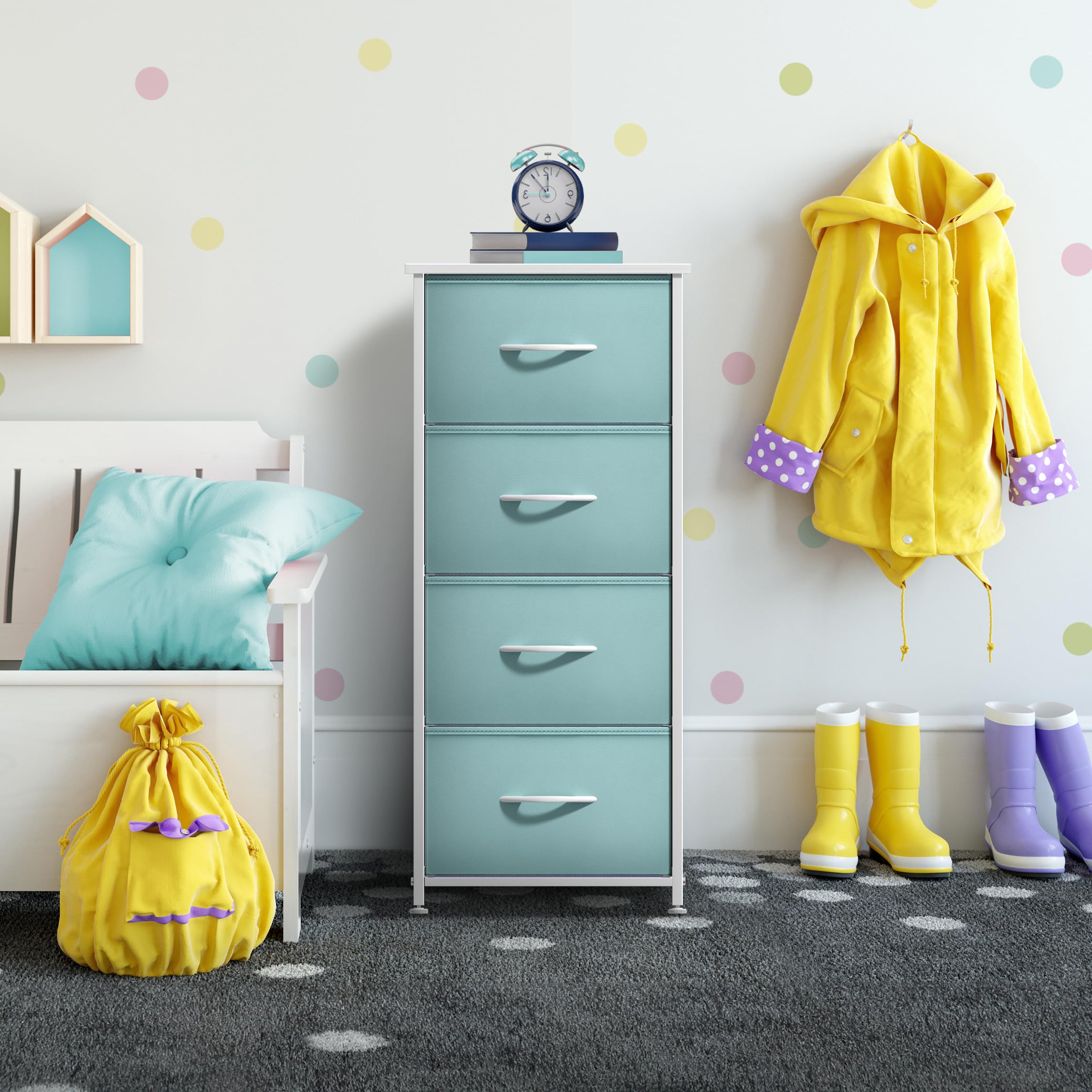 Sorbus 5-Tier Dresser Storage Tower with Fabric Bins - Wood Top & Steel Frame Organizer for Clothes, Toys, Accessories | Perfect for Kids Bedroom, College Dorm, Closet Organization (Aqua Blue) - Space-Saving Solution for Small Rooms & Apartment Living