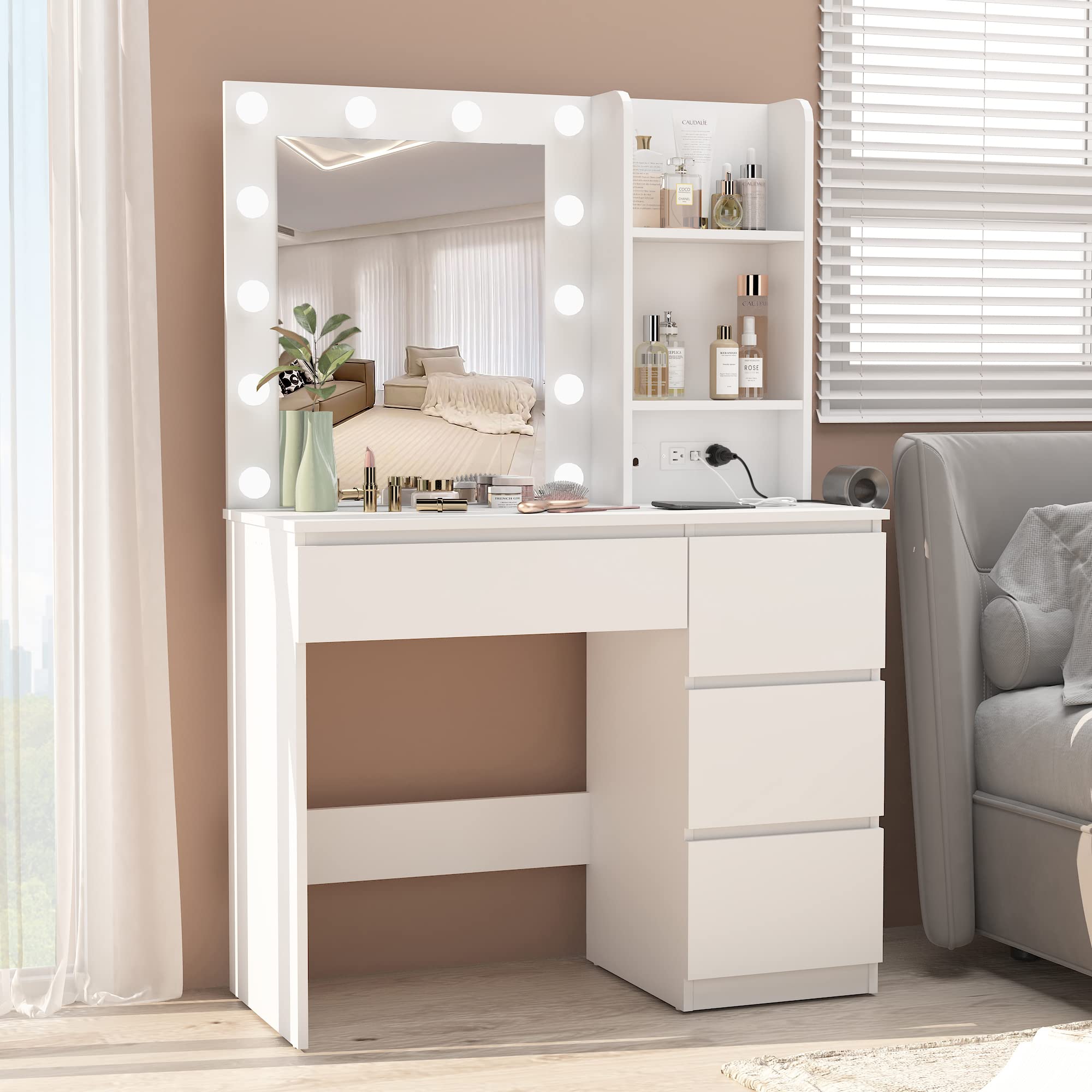 Vabches 37-inch Makeup Vanity with LED Lights & Power Strip - White Vanity Desk with 4 Drawers, Lighted Mirror & 3 Color Modes - Perfect for Bedroom, Dressing Room & Beauty Salon