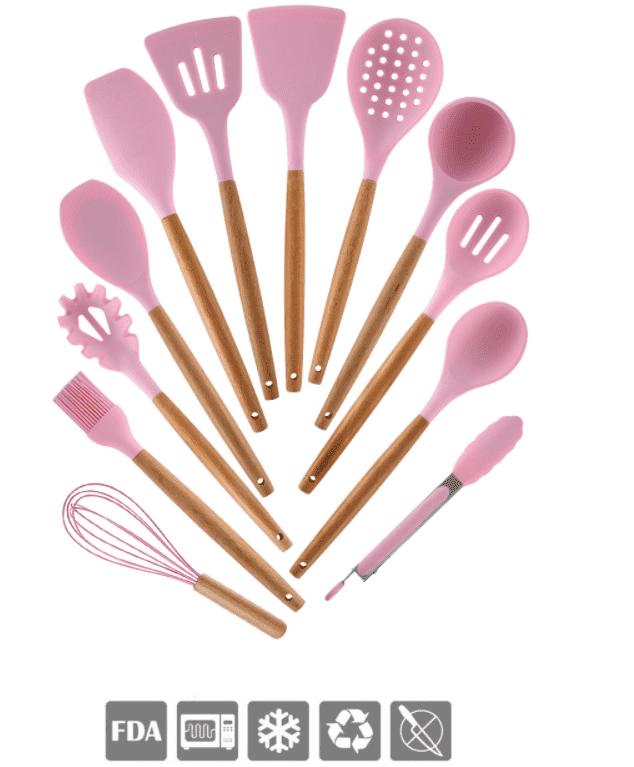 12-Piece Pink Silicone Kitchen Utensil Set - Non-Slip Heat Resistant Cooking Tools for Baking, Stirring & Serving - Perfect Gift for Home Chefs