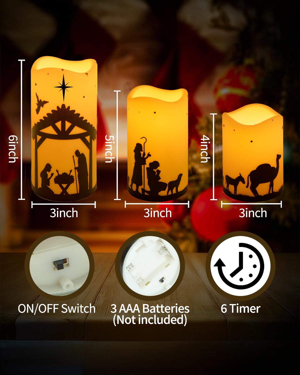 5-Pack Battery Operated LED Flameless Christmas Candles with Timer - Nativity Scene Religious Pillar Candles for Indoor Holiday Decor, Home Christmas Tree, Church & Tabletop Decorations