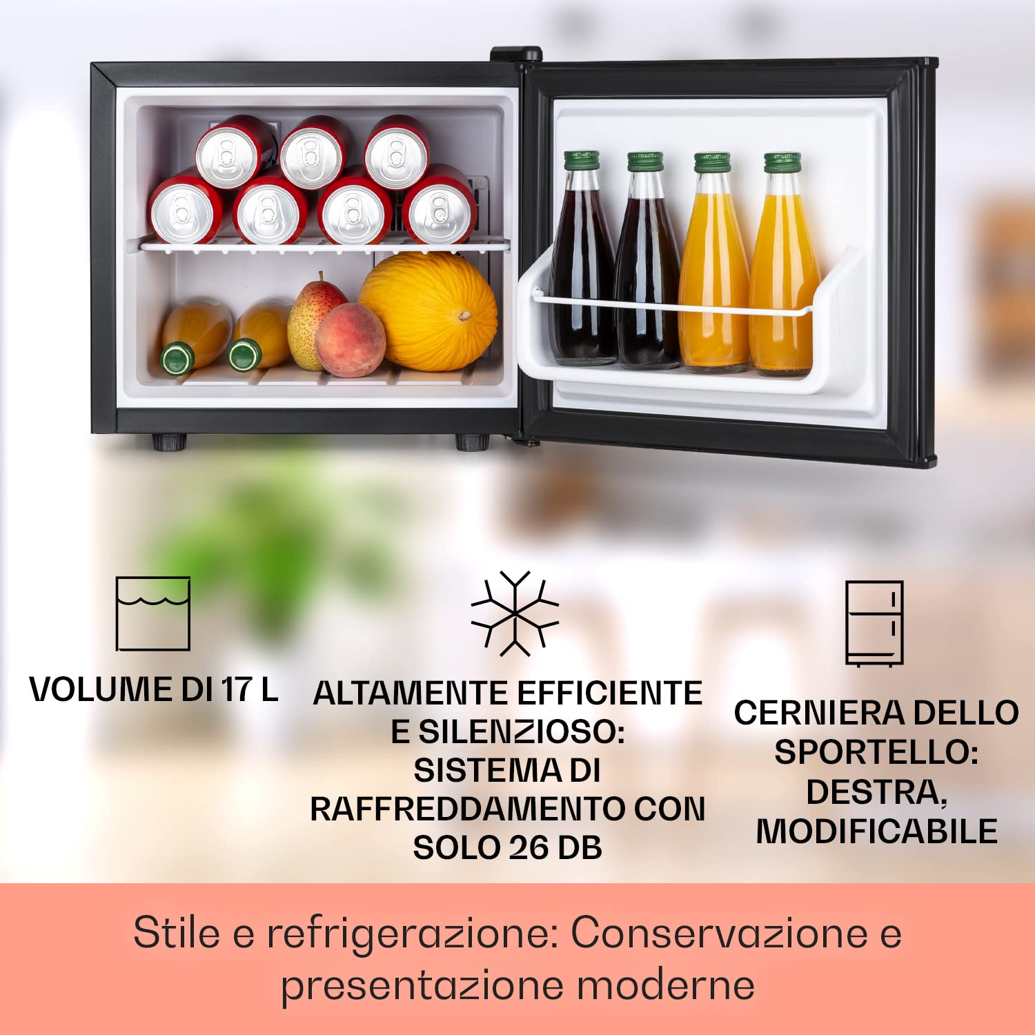 Klarstein Secret Hideaway Mini Fridge - 17L Compact Refrigerator for Snacks & Drinks, Ultra Quiet 26dB, Adjustable Temperature, Removable Shelf, Black - Perfect for Dorm, Office, Bedroom, or Home Bar