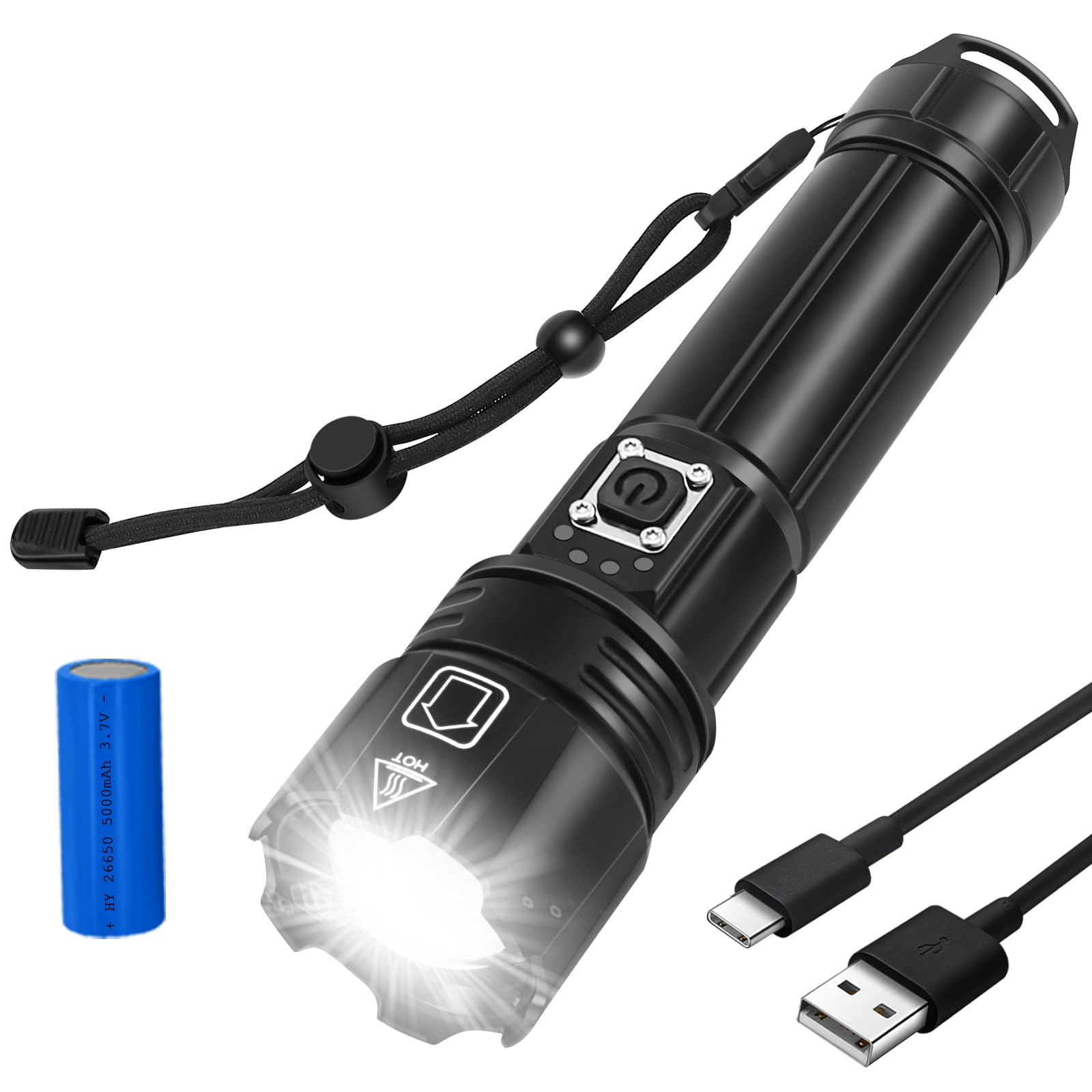 JNGKE 15000 Lumens Rechargeable LED Flashlight - Super Bright Tactical Flashlight with 5 Modes & Zoomable Beam - Waterproof Handheld Light for Camping, Hiking, Emergency, Dog Walking, Power Outages & Outdoor Adventures