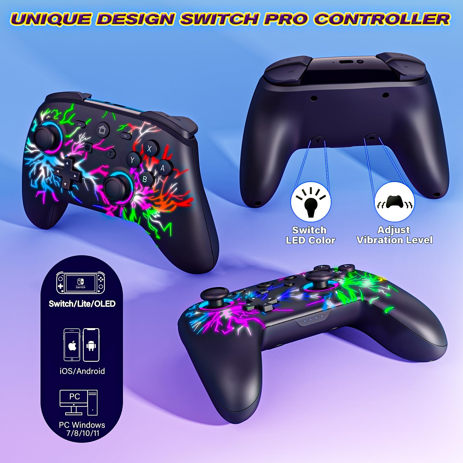 Fanlacy Wireless Switch Controller with LED, 6-Axis Gyro, Adjustable Vibration & Turbo Function - Compatible with Nintendo Switch/OLED/Lite - Perfect for Gaming, Travel & Family Entertainment