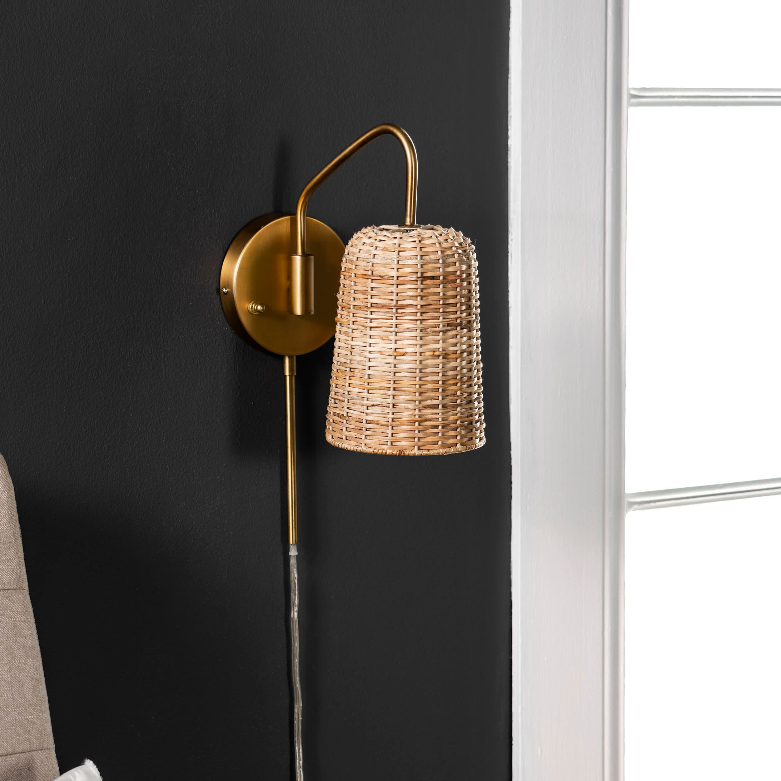 16 Inch Rattan Plug-In Wall Sconce with Brass Finish - Perfect for Bedroom, Living Room, and Hallway Lighting Decor