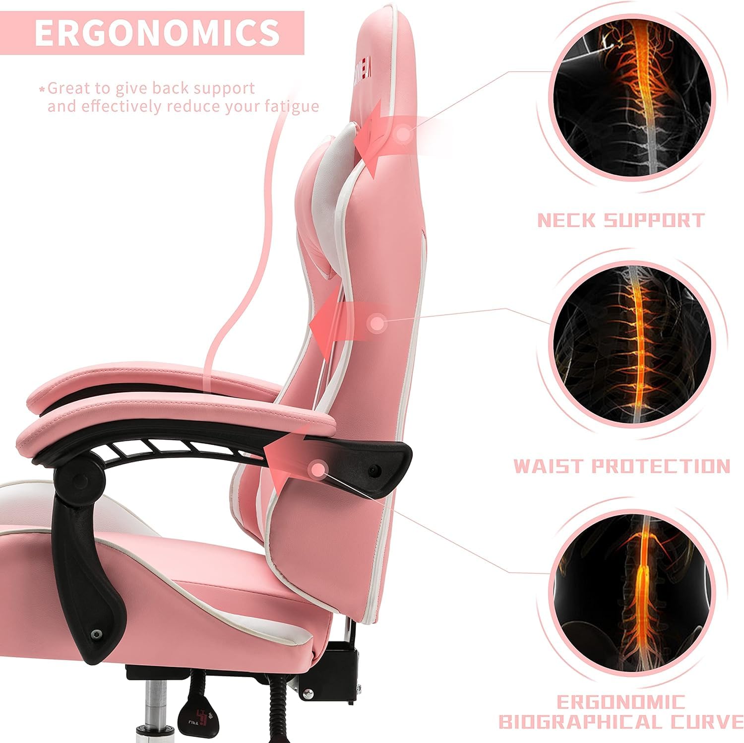ALEAVIC Ergonomic Gaming Chair for Adults - High Back Computer Chair with Adjustable Headrest & Lumbar Support - Pink & White - Perfect for PC Gaming, Office Work & Home Desk Setup