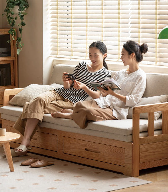 Solid Oak Wood Sofa Bed with Folding & Retractable Storage | Convertible Sleeper for Small Spaces, Guest Rooms & Apartments