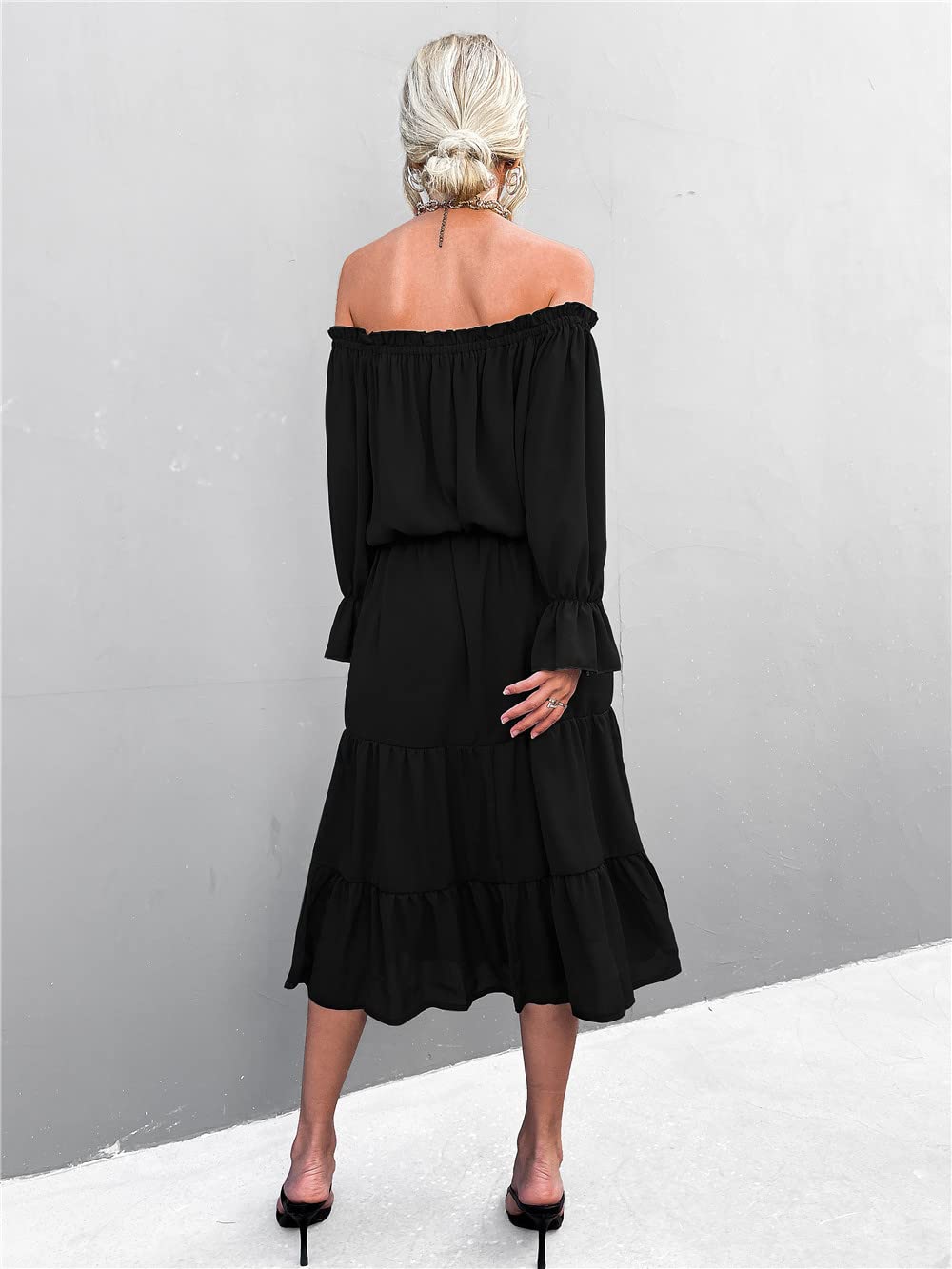 Women's Midi Off Shoulder Ruffle Long Sleeve Summer Dress - Solid Color Loose Fit Tiered Tunic with Tie Neck | Perfect for Beach Vacations, Date Nights & Summer Parties