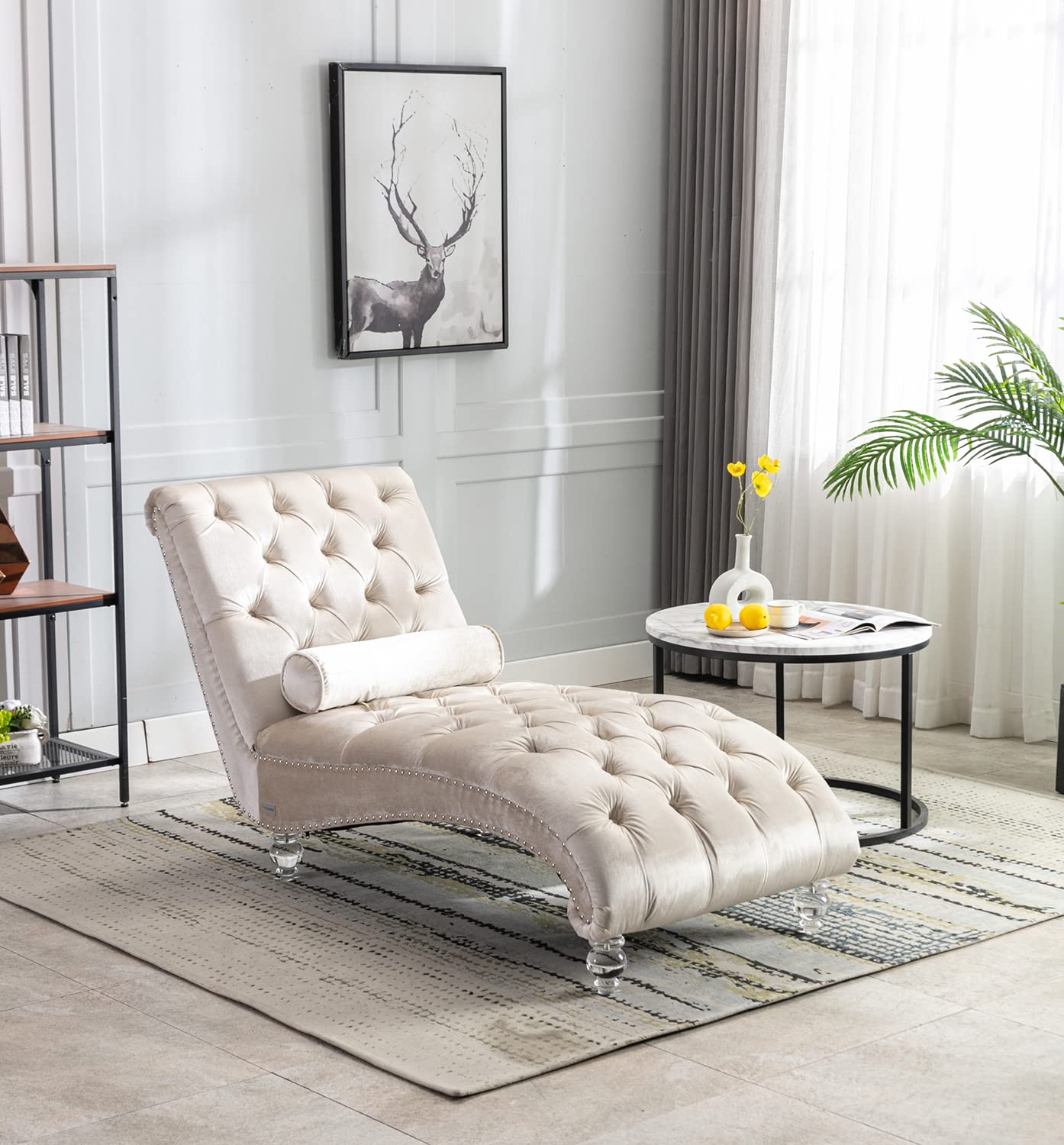 KINFFICT Velvet Chaise Lounge Chair with Toss Pillow - Modern Tufted Button Accent Chair with Sturdy Acrylic Legs - Upholstered Sleeper Chair for Living Room, Bedroom, Office or Nursery - Soft Beige Velvet Fabric - Perfect for Relaxing, Reading & Small Space Decor