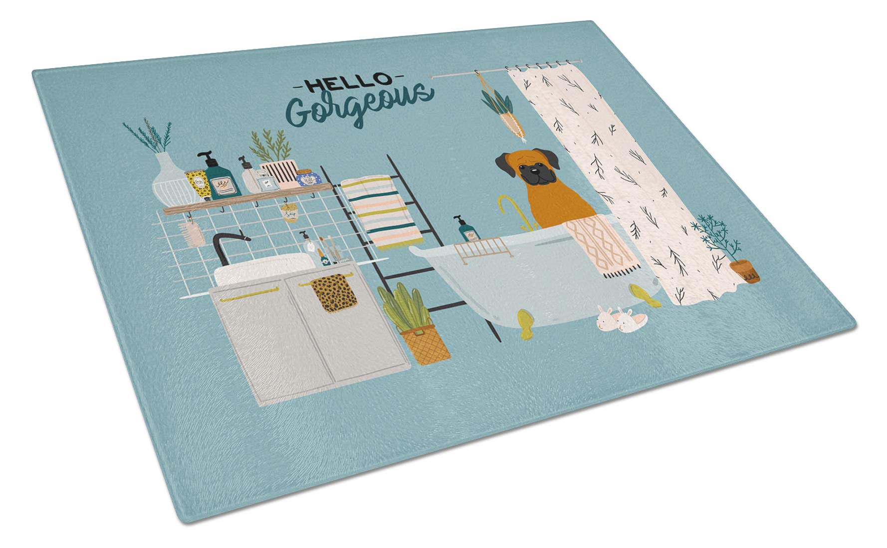 Fawn Boxer in Bathtub Tempered Glass Cutting Board - Large Decorative Kitchen Chopping & Serving Board - Durable & Stylish for Entertaining, Food Prep & Home Decor